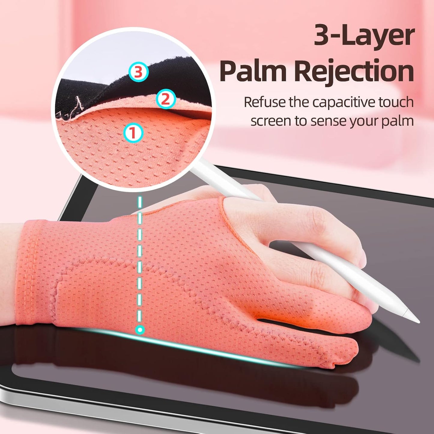 Artist Drawing Glove 3-Layer Palm Rejection [2 Pack Black and Pink]