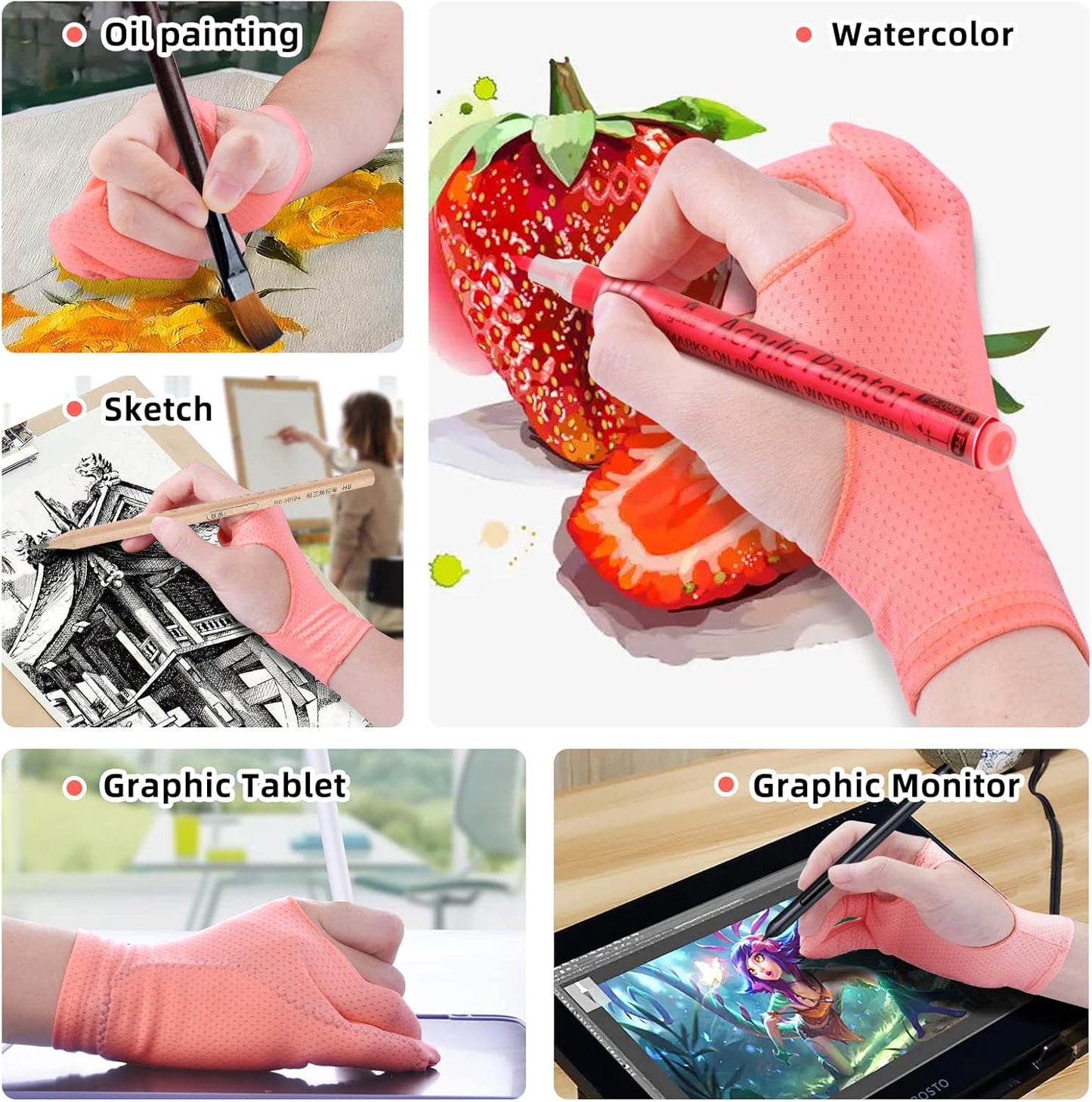 Artist Drawing Glove 3-Layer Palm Rejection [2 Pack Black and Pink]
