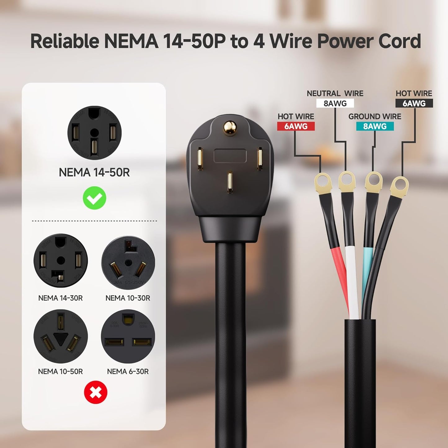 4 Prong to 4 Wire Range Cord - 4ft, Heavy Duty 6/8 AWG, 50 Amp Cord, Compatible with Tesla Plug/EV Plug / J1772 Connector (NEMA 14-50P to 4-Wire)
