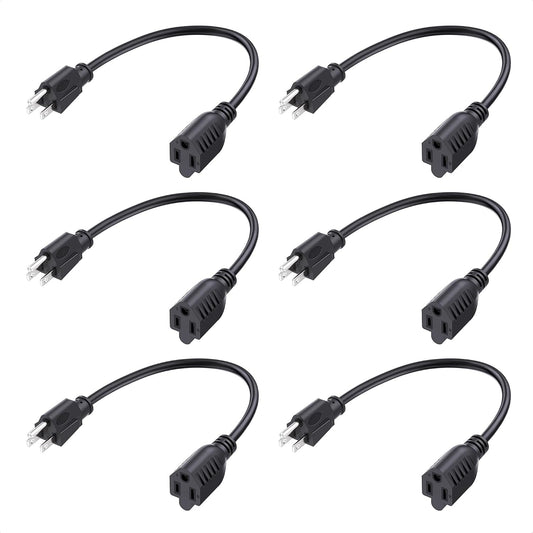 [ETL Listed]  6-Pack 16 AWG Heavy Duty 13A Short Power Extension Cord - 1ft, 3 Prong Power Cord Extension, NEMA 5-15P to NEMA 5-15R, Black