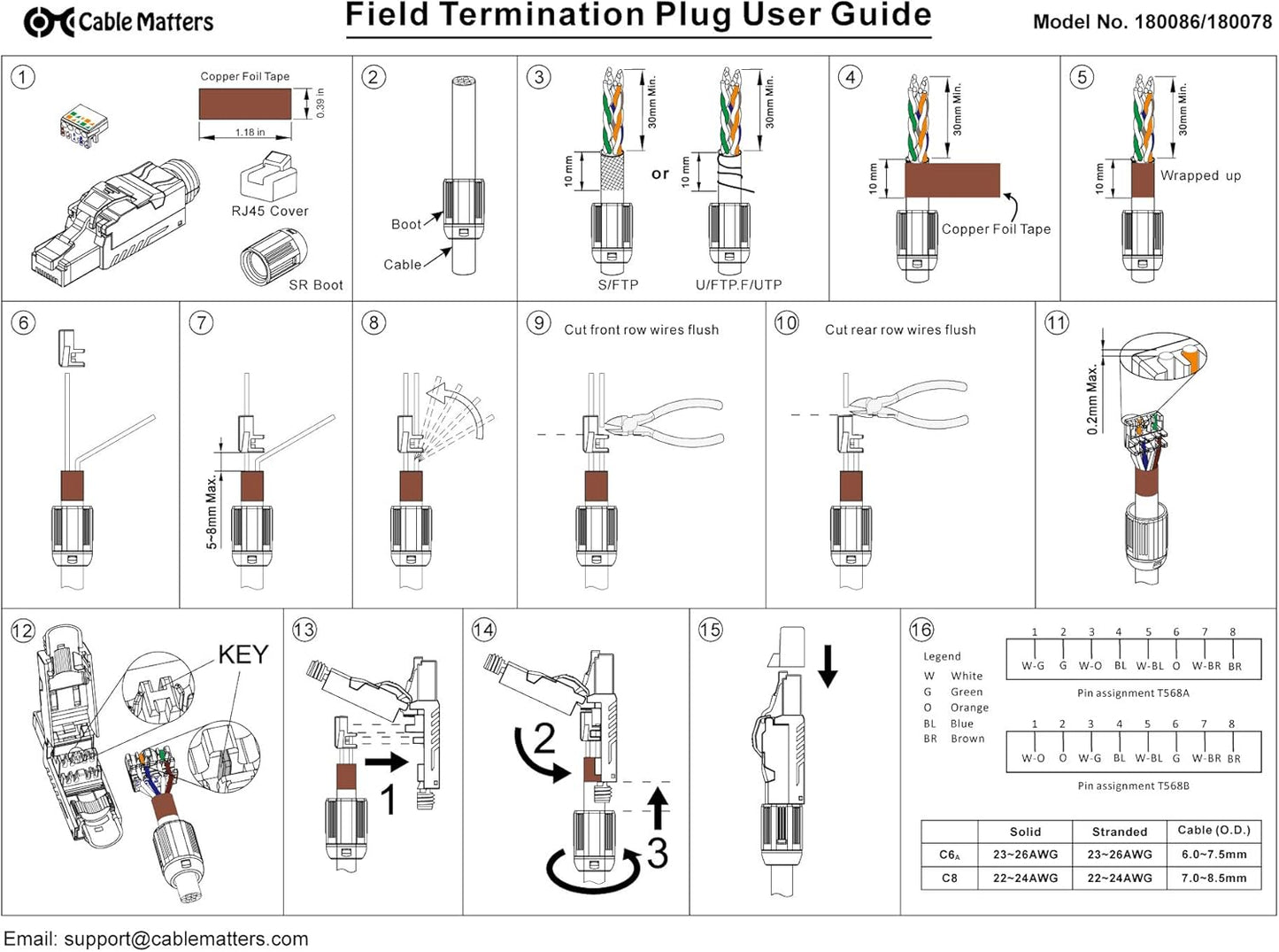 6-Pack Tool-Free Shielded Cat6a / Cat6 RJ45 Termination Plug Connector, 10Gbps Cat 6 Plug