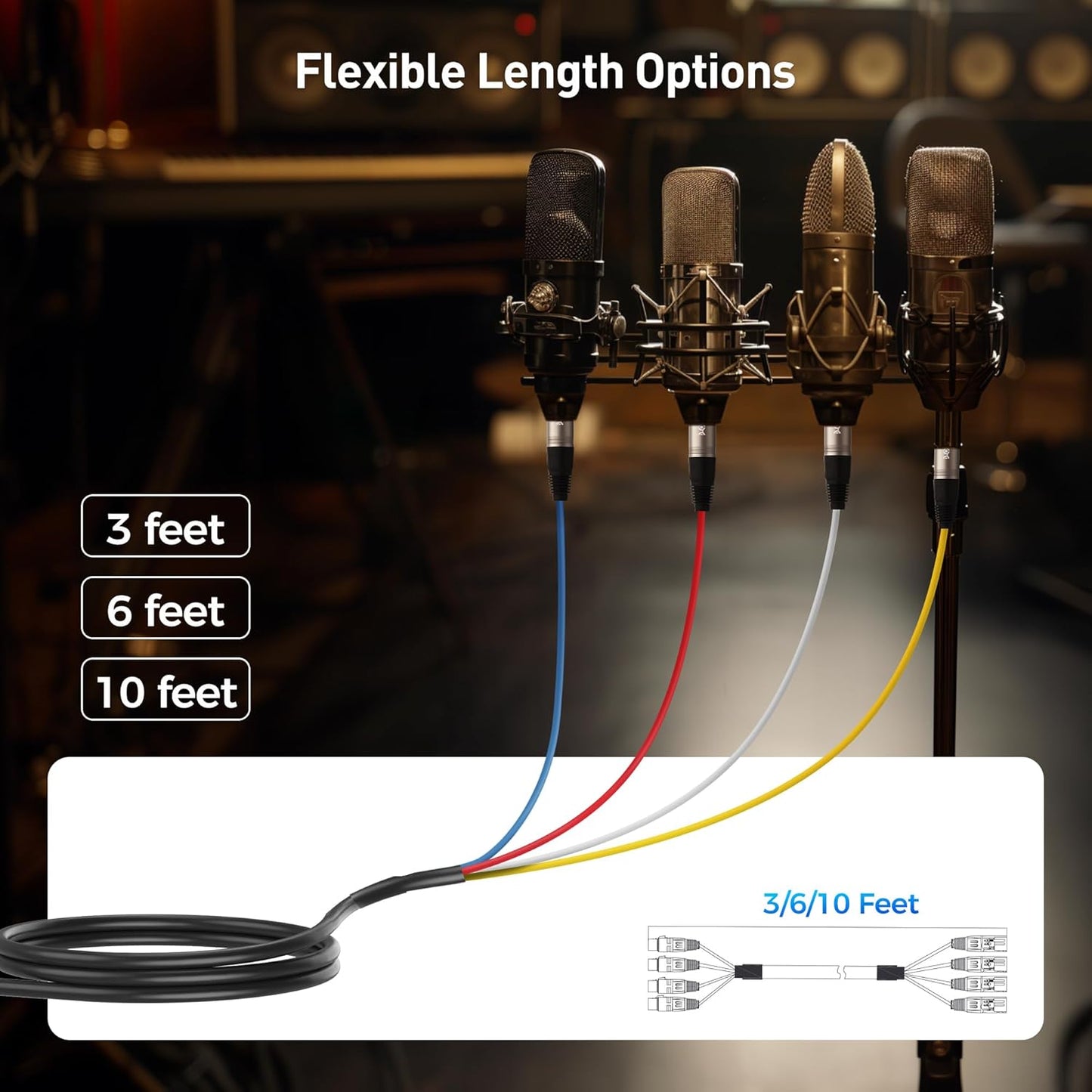 4-Channel XLR Male to Female Snake Cable/Short XLR Snake Cable - 3ft, Professional Audio Connectivity with Shielding and Color-Coded Channels