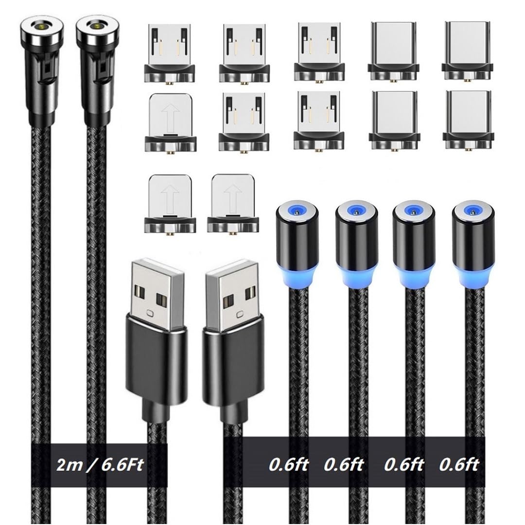 Magnetic Charging Cables, Magnetic Charging Tips 3in1 540° Rotation Cable Sets for Smartphones (0.6ft+6.6ft)/Black/3in1, 6pcs