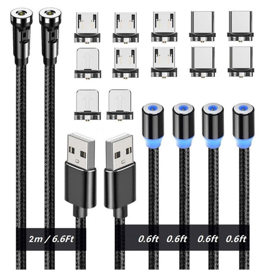 Magnetic Charging Cables, Magnetic Charging Tips 3in1 540° Rotation Cable Sets for Smartphones (0.6ft+6.6ft)/Black/3in1, 6pcs