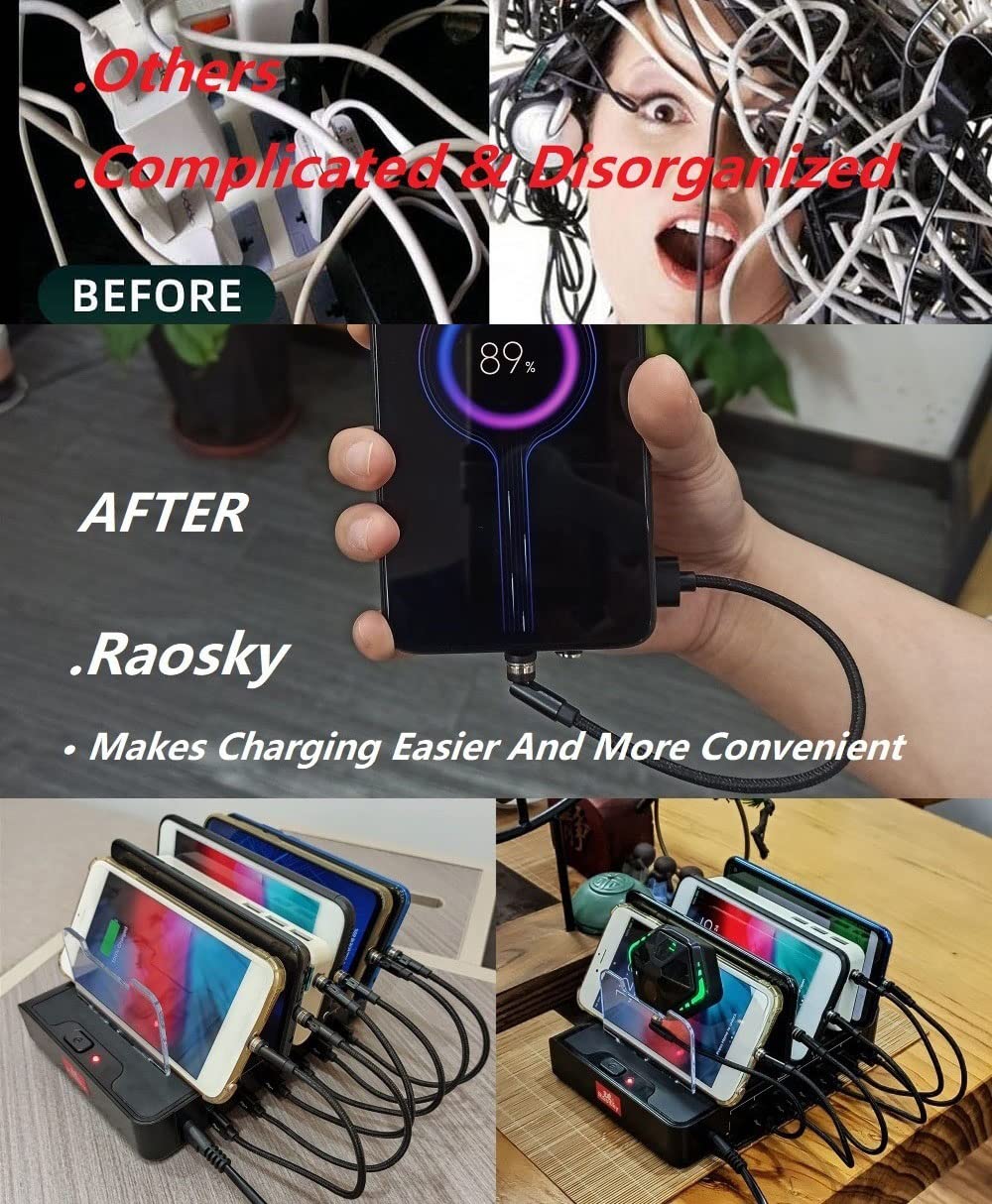 Magnetic Charging Cables, Magnetic Charging Tips 3in1 540° Rotation Cable Sets for Smartphones (0.6ft+6.6ft)/Black/3in1, 6pcs