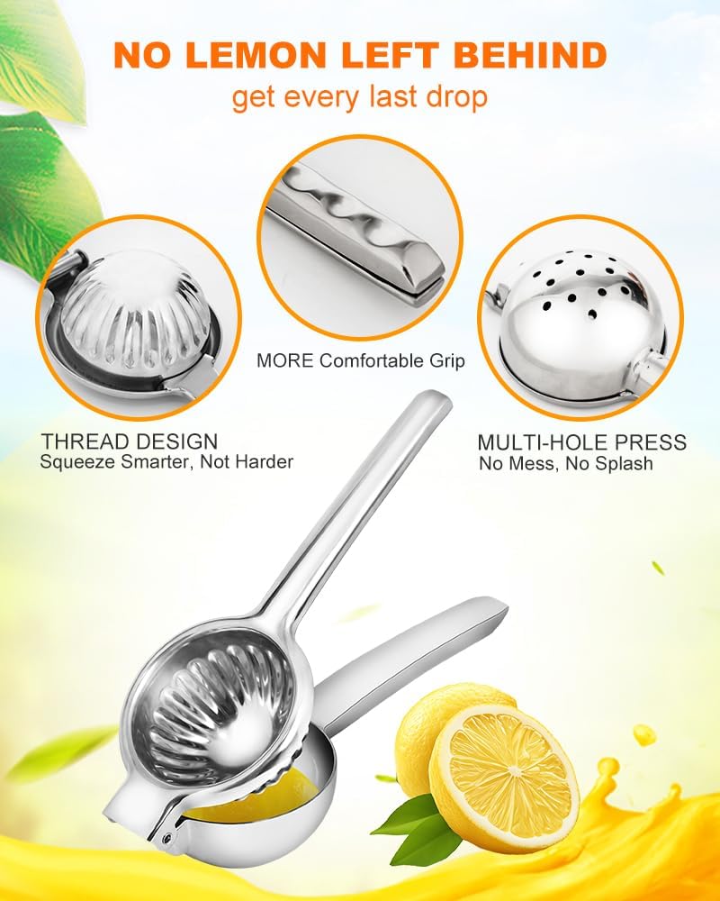 Lemon Squeezer Juicer for Lime and Lemon, Heavy-Duty 304 Stainless Steel, High Juice Yield Manual Juicer, Ergonomic Handle, Dishwasher Safe