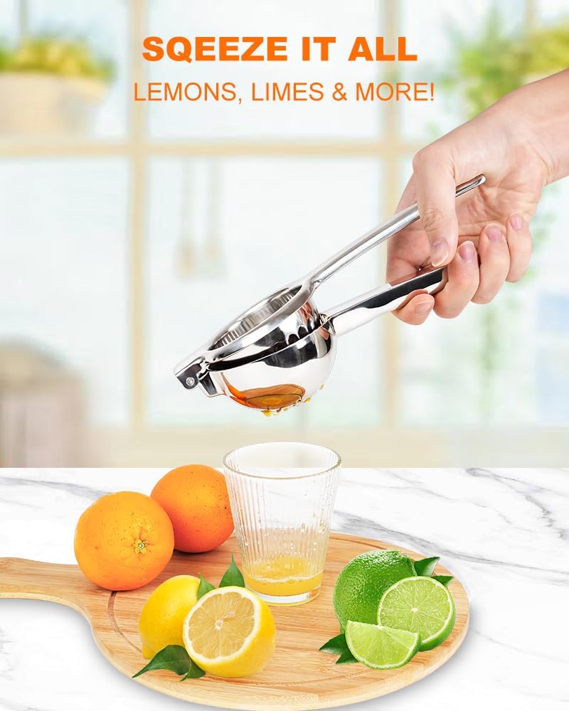 Lemon Squeezer Juicer for Lime and Lemon, Heavy-Duty 304 Stainless Steel, High Juice Yield Manual Juicer, Ergonomic Handle, Dishwasher Safe
