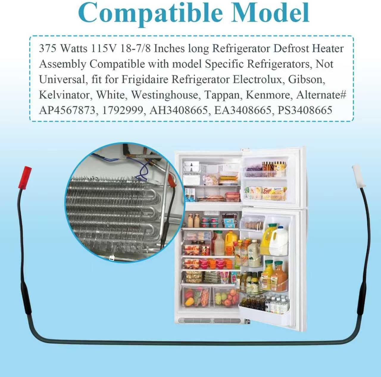 242044020 242044008 Refrigerator Defrost Heater Kit Fit for Frigidaire Refrigerator Electrolux,Gibson,Kelvinator,White,Westinghouse,Tappan,Kenmore,AP4567873,PS3408665,1792999,AH3408665,EA3408665, 1 Pc
