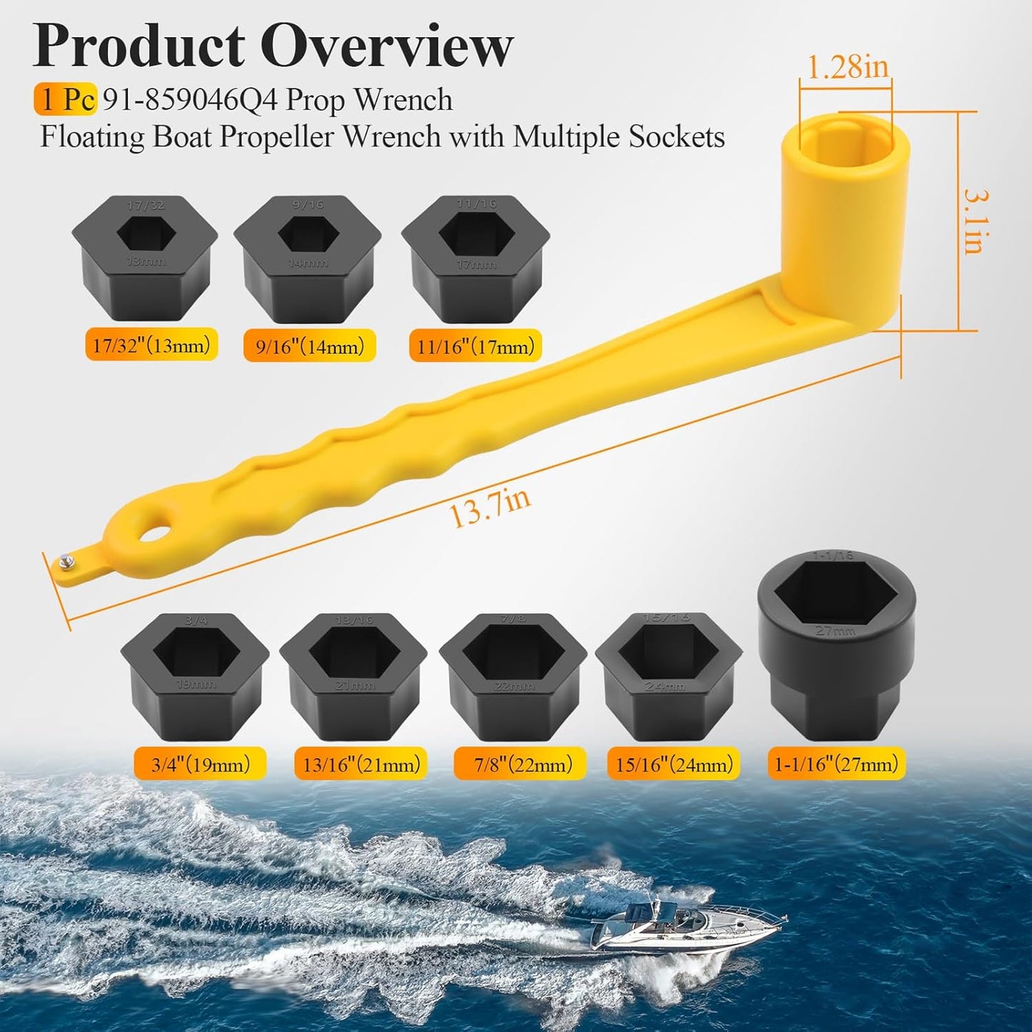 91-859046Q4 Universal Prop Wrench Kit W/Multiple Sockets Fits Mercury/Mercruiser/Alpha, Floating Boat Propeller Wrench for 1-1/16" Nuts, Propeller Wrench, Prop Tool for Outboards & Stern Drives,Yellow