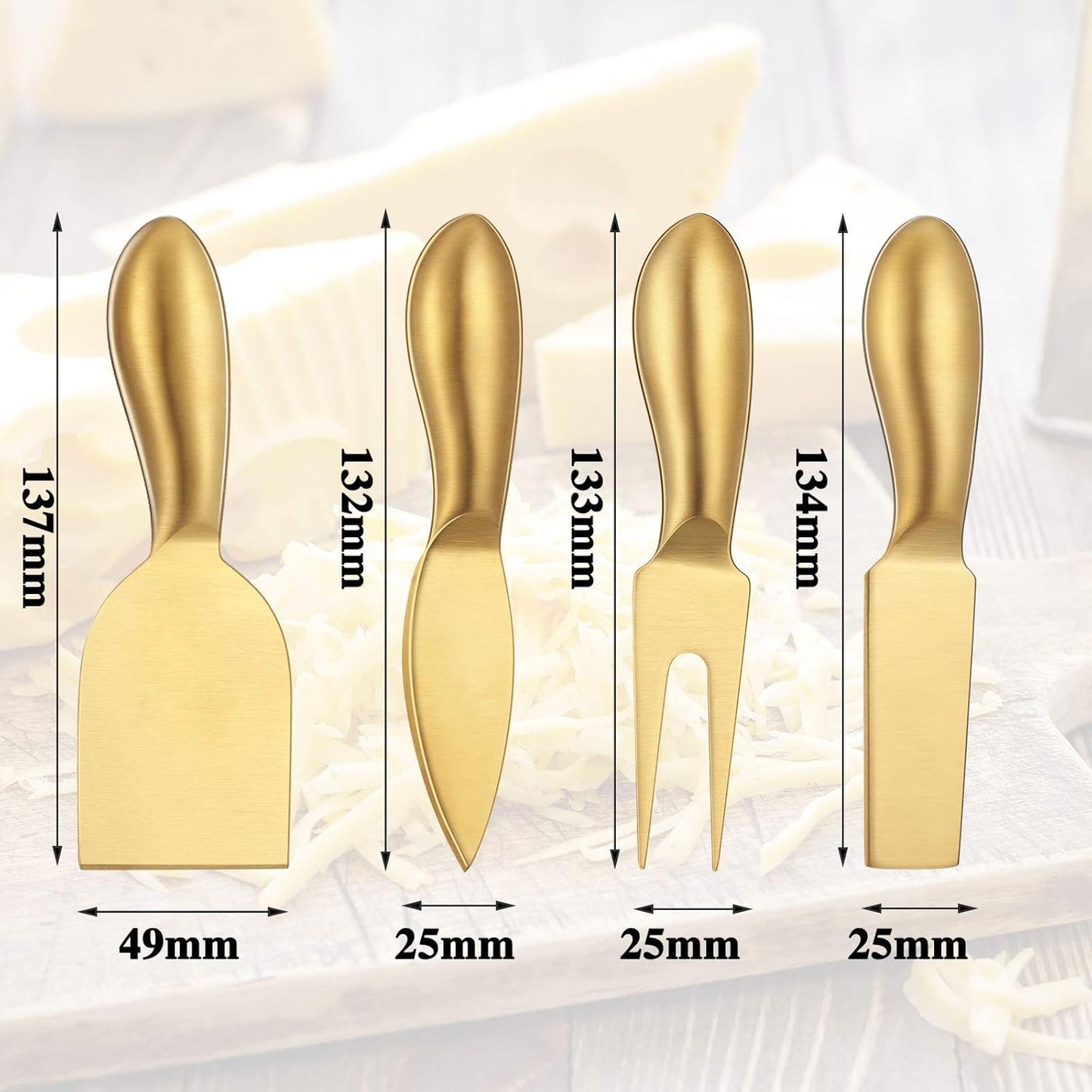 4 Pieces Stainless Steel Cheese Knives Set, Knife Fork Slicer Butter Knife Set for Charcuterie and Cheese Spread Kitchen Cooking Christmas Gift for Women (Gold)