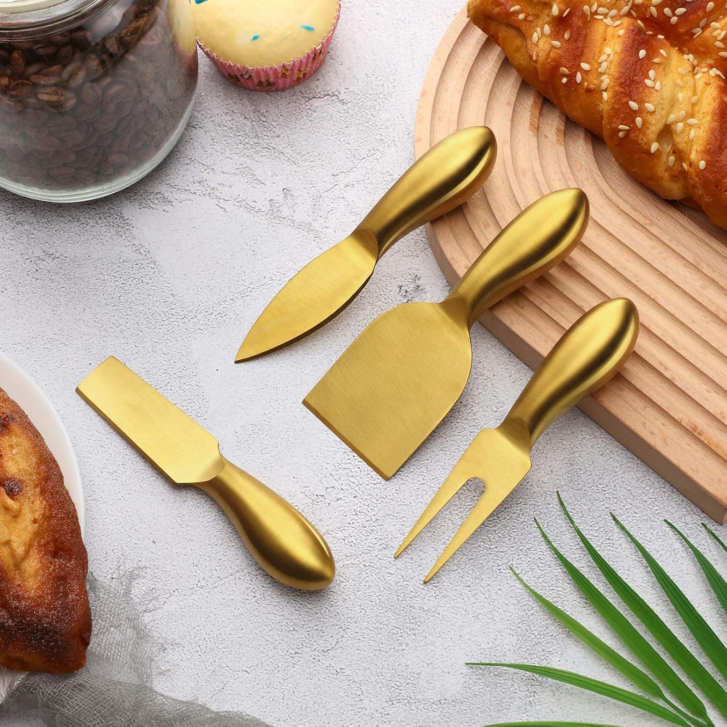 4 Pieces Stainless Steel Cheese Knives Set, Knife Fork Slicer Butter Knife Set for Charcuterie and Cheese Spread Kitchen Cooking Christmas Gift for Women (Gold)