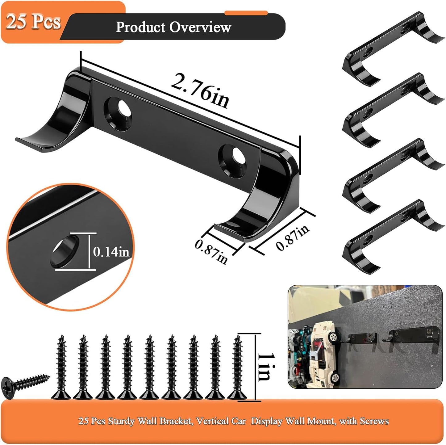 25 Pcs Sturdy Wall Bracket, Vertical Car Display Wall Mount, with 50 Pcs Screws, Compatible with Speed Champion Series Brick Car Models, Display Collectible Cars Vertical by Wheels on Wall, Black