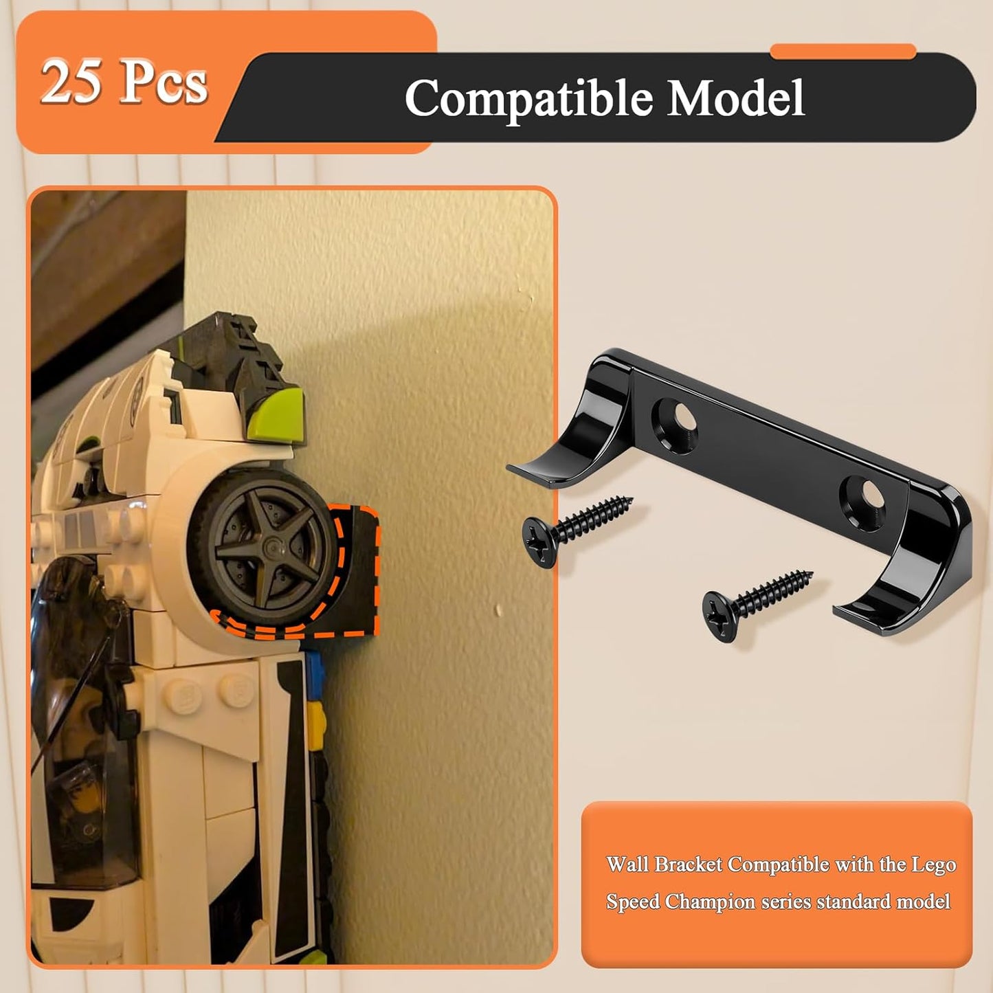 25 Pcs Sturdy Wall Bracket, Vertical Car Display Wall Mount, with 50 Pcs Screws, Compatible with Speed Champion Series Brick Car Models, Display Collectible Cars Vertical by Wheels on Wall, Black