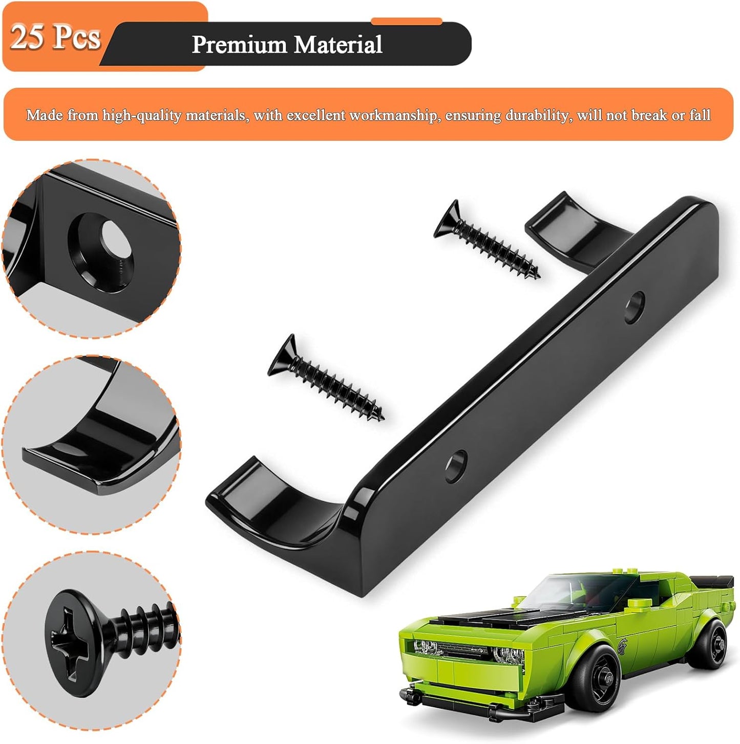 25 Pcs Sturdy Wall Bracket, Vertical Car Display Wall Mount, with 50 Pcs Screws, Compatible with Speed Champion Series Brick Car Models, Display Collectible Cars Vertical by Wheels on Wall, Black