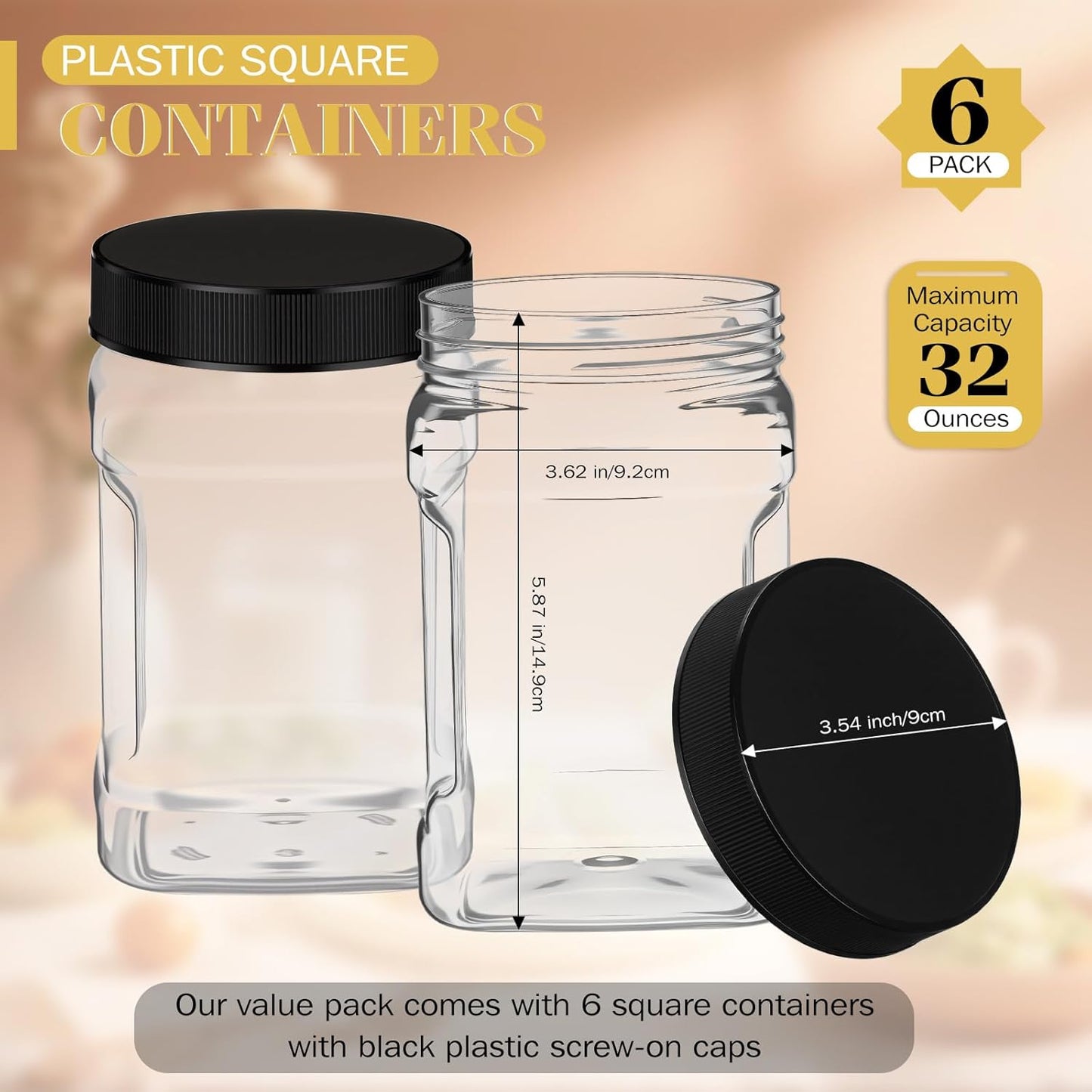 6 Pcs Square Clear Plastic Jars with Pinch Handle Plastic Storage Container with Screw-on Lids Reusable Wide Mouth Canisters for Dry Good Peanut Cookies Candy (32 oz,Black Lids)