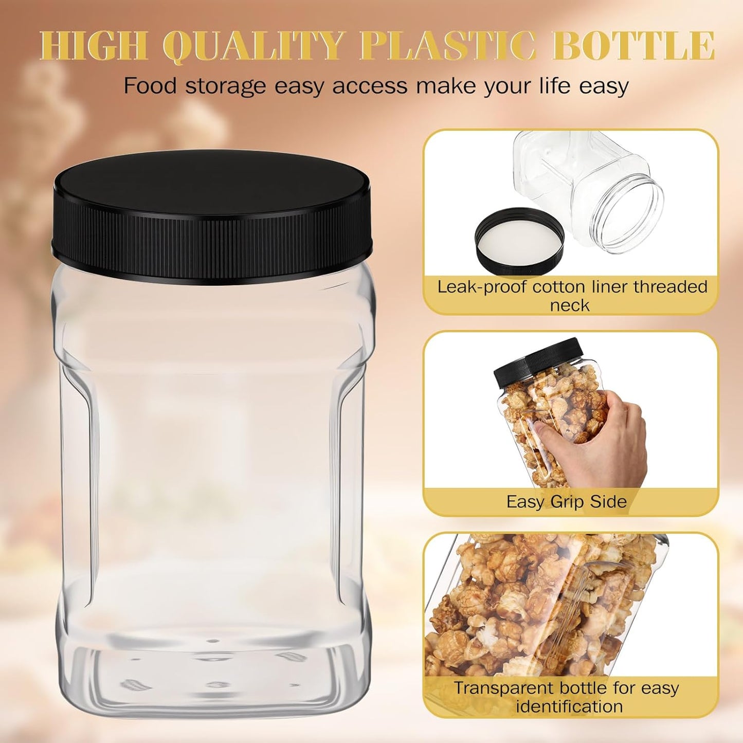 6 Pcs Square Clear Plastic Jars with Pinch Handle Plastic Storage Container with Screw-on Lids Reusable Wide Mouth Canisters for Dry Good Peanut Cookies Candy (32 oz,Black Lids)