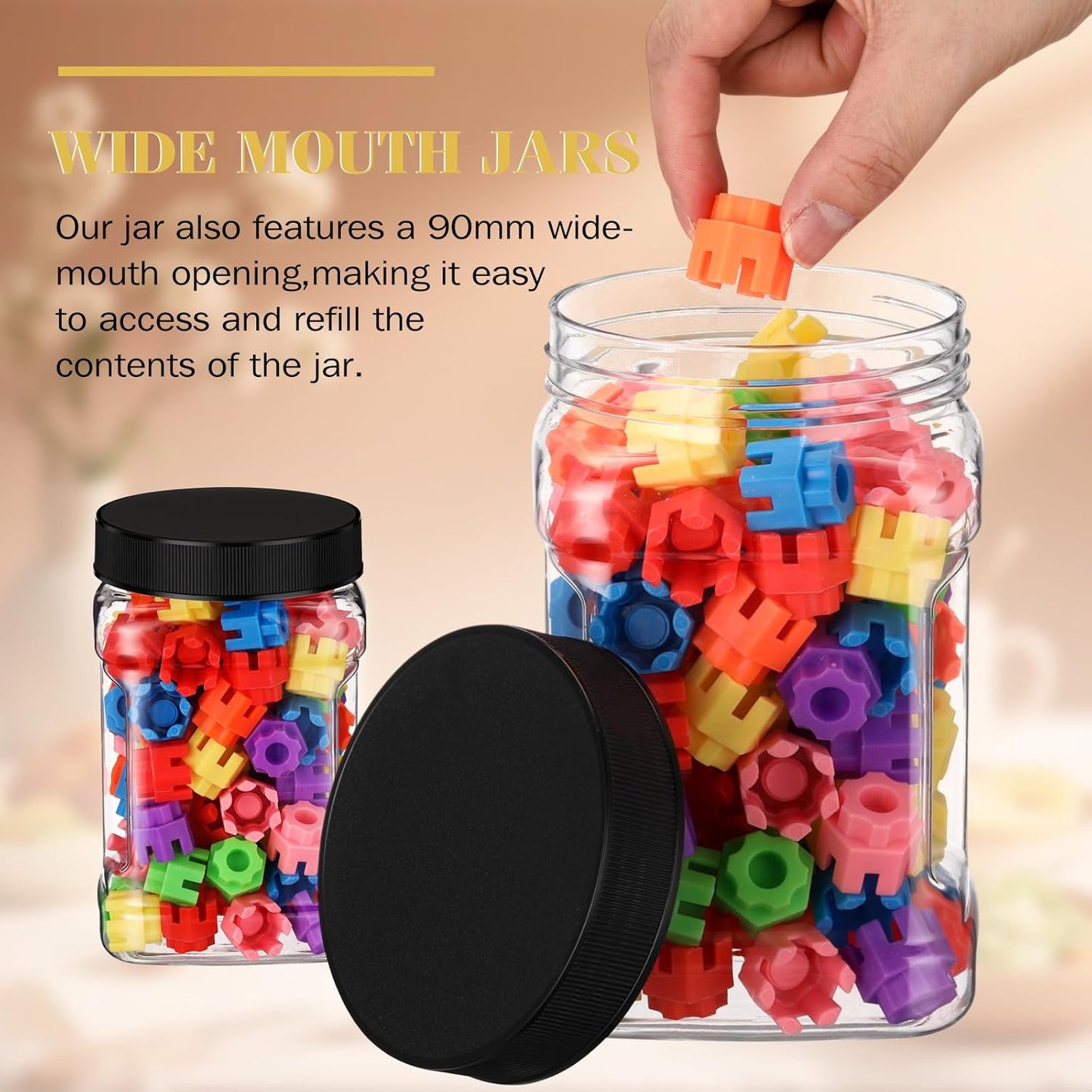 6 Pcs Square Clear Plastic Jars with Pinch Handle Plastic Storage Container with Screw-on Lids Reusable Wide Mouth Canisters for Dry Good Peanut Cookies Candy (32 oz,Black Lids)