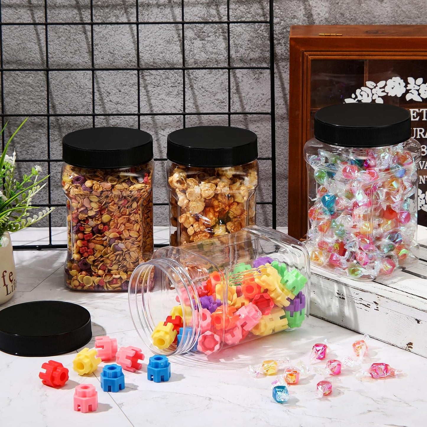 6 Pcs Square Clear Plastic Jars with Pinch Handle Plastic Storage Container with Screw-on Lids Reusable Wide Mouth Canisters for Dry Good Peanut Cookies Candy (32 oz,Black Lids)