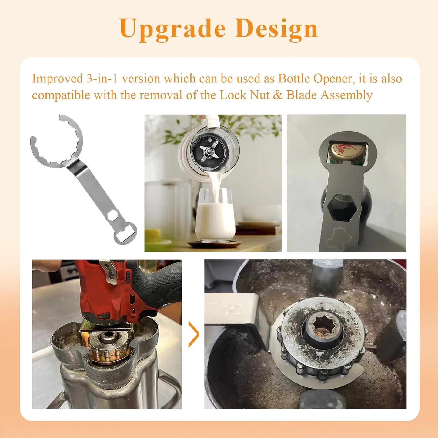 002963 Improved Removal Wrench, To Remove One Gallon Cb Series Blender Jars Lock Nut and Blade, Fit for Waring CB6 CB10 CB15 Lock Nut 012008 & Blade Assembly 502977, As a Bottle Opener (3 in 1)