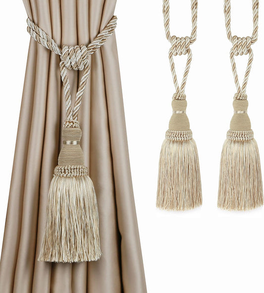 2 Pack Curtain Tiebacks Tassel Drapery Tie-Backs Rope Handmade Holdbacks Home Office Hotel Decorative (Mix Beige, 2 Pack)