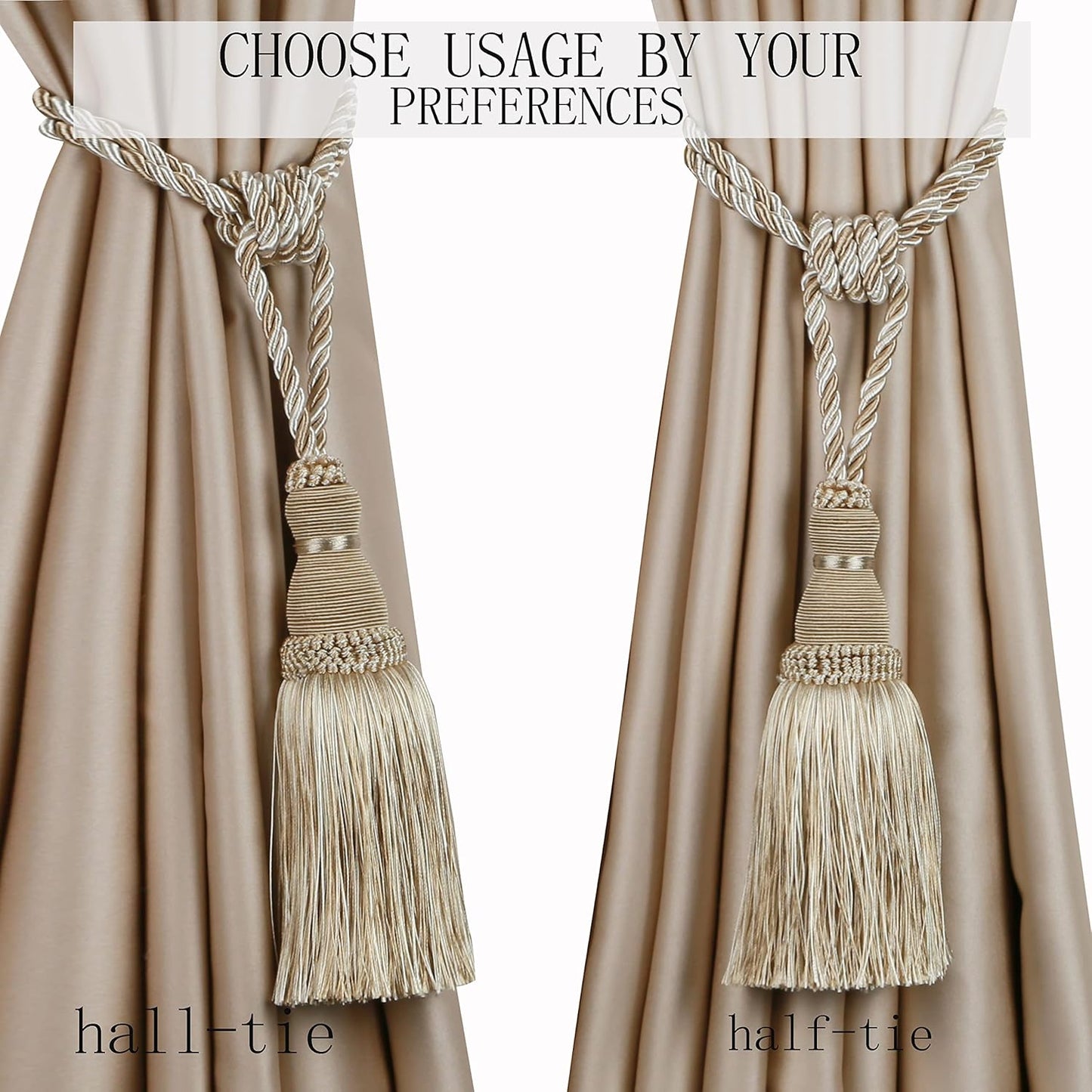 2 Pack Curtain Tiebacks Tassel Drapery Tie-Backs Rope Handmade Holdbacks Home Office Hotel Decorative (Mix Beige, 2 Pack)