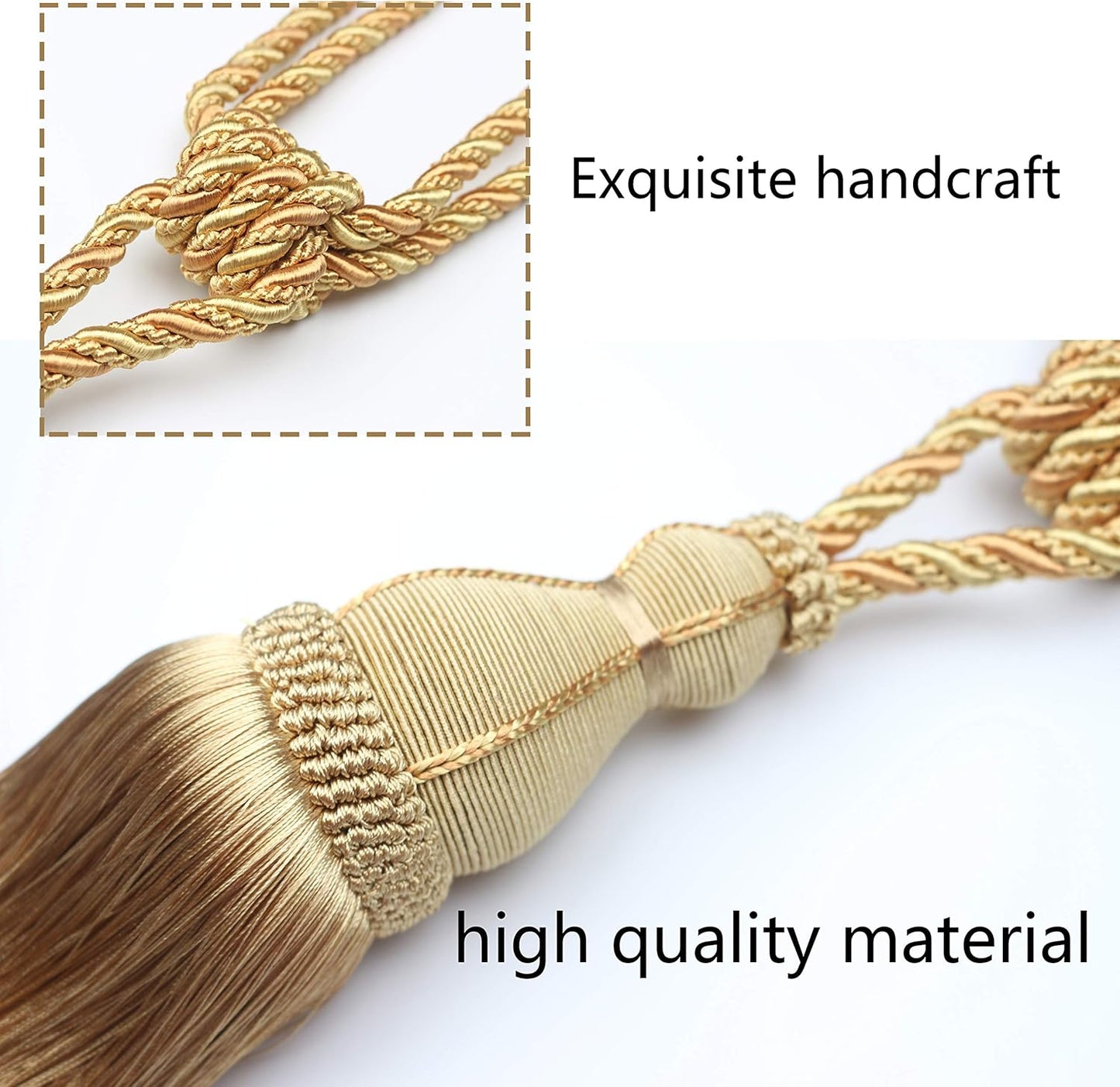 2 Pack Tassel Curtain Tiebacks Holdback Large Handmade Drapery Tie-Backs Rope Home Office Hotel Elegant Decorative (Gold)