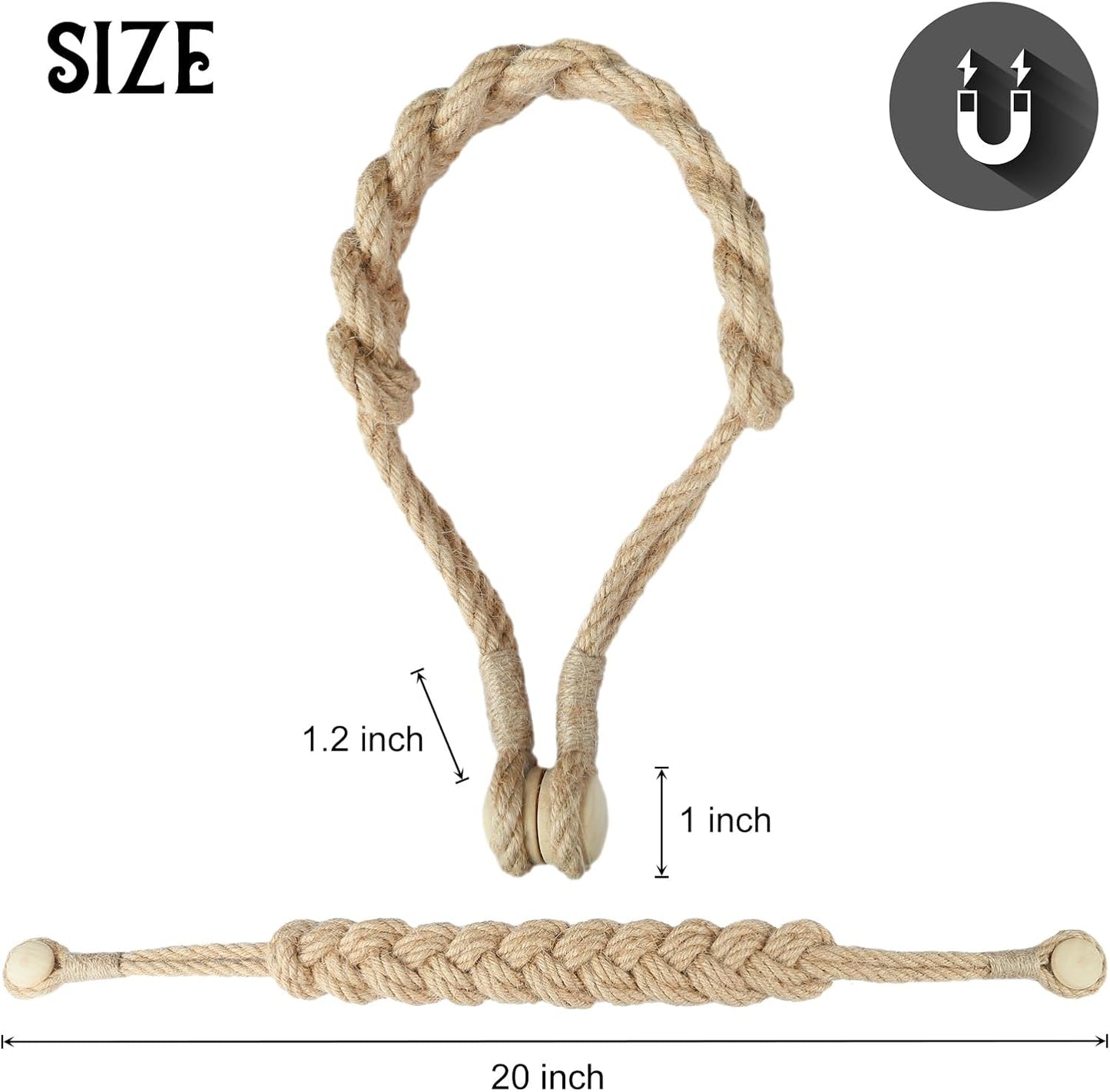 Jute Curtain Tiebacks Magnetic Woven Curtain Holdback Drapery Tie-Back (Jute-2Pack)