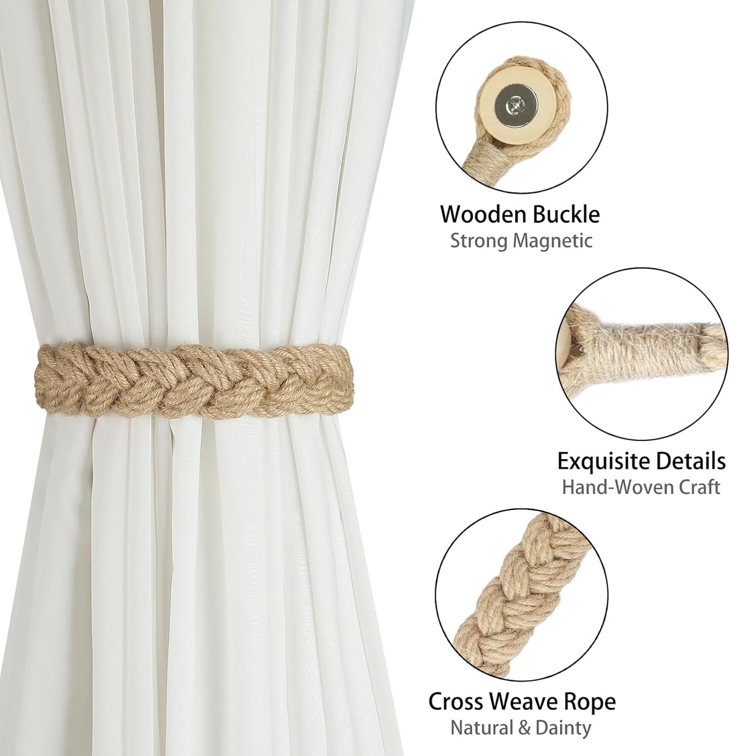 Jute Curtain Tiebacks Magnetic Woven Curtain Holdback Drapery Tie-Back (Jute-2Pack)
