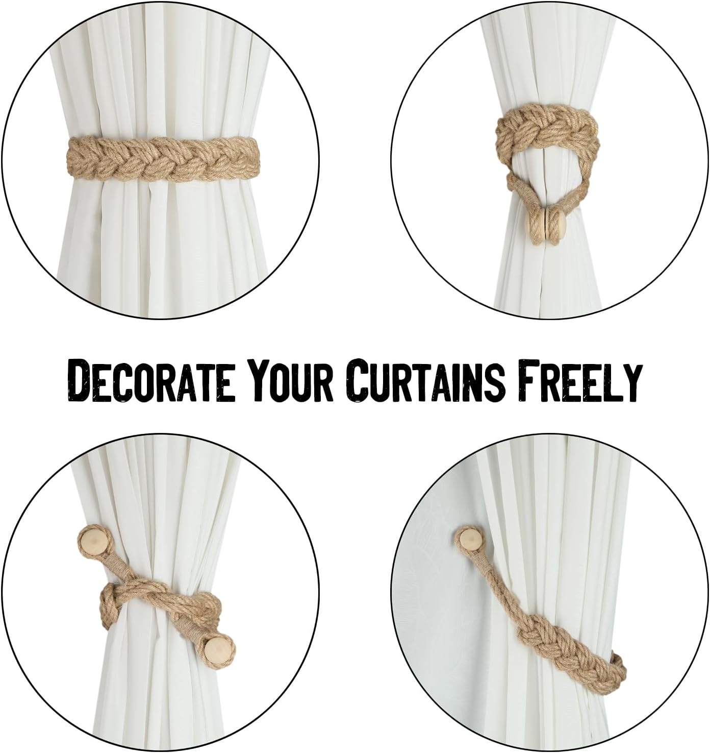 Jute Curtain Tiebacks Magnetic Woven Curtain Holdback Drapery Tie-Back (Jute-2Pack)