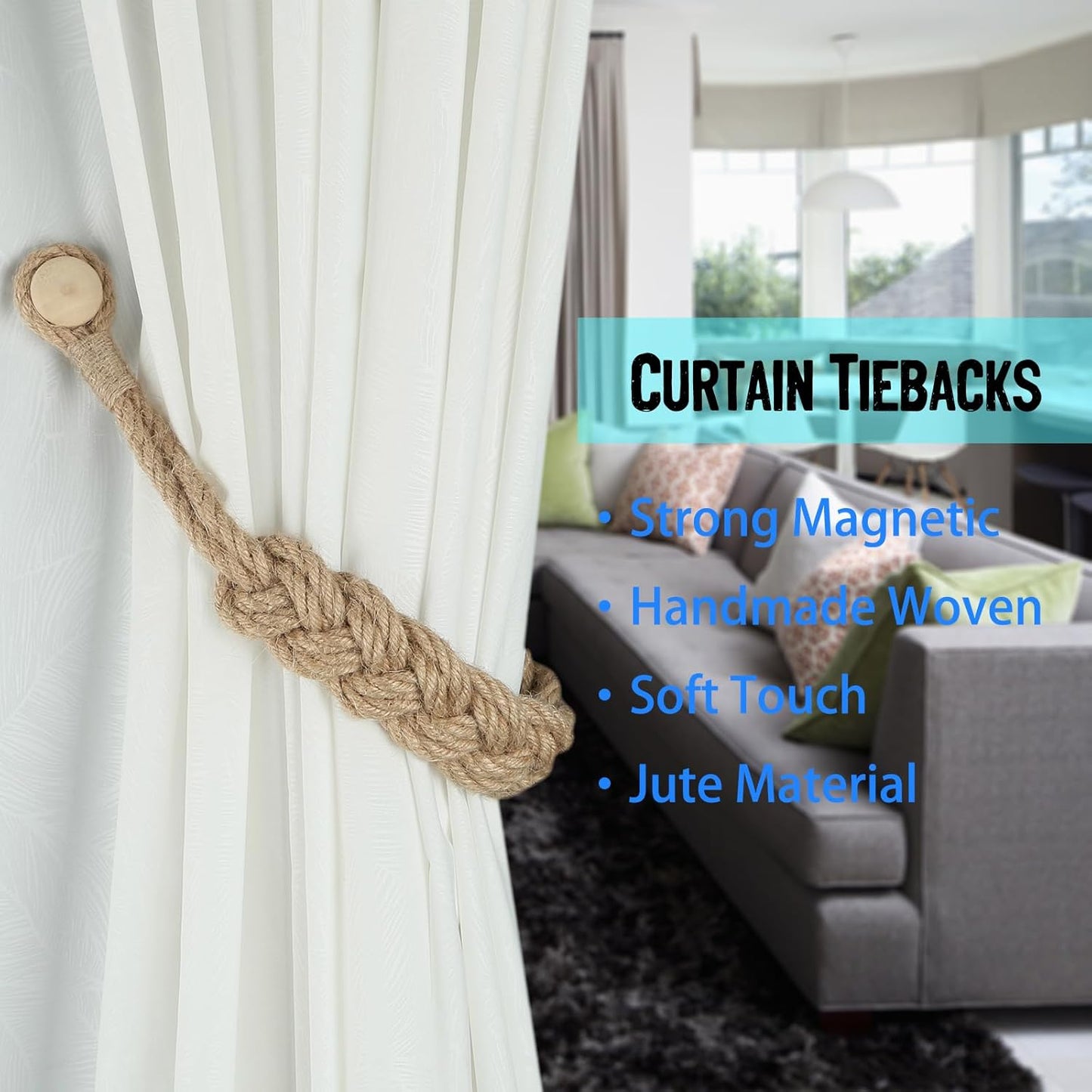 Jute Curtain Tiebacks Magnetic Woven Curtain Holdback Drapery Tie-Back (Jute-2Pack)