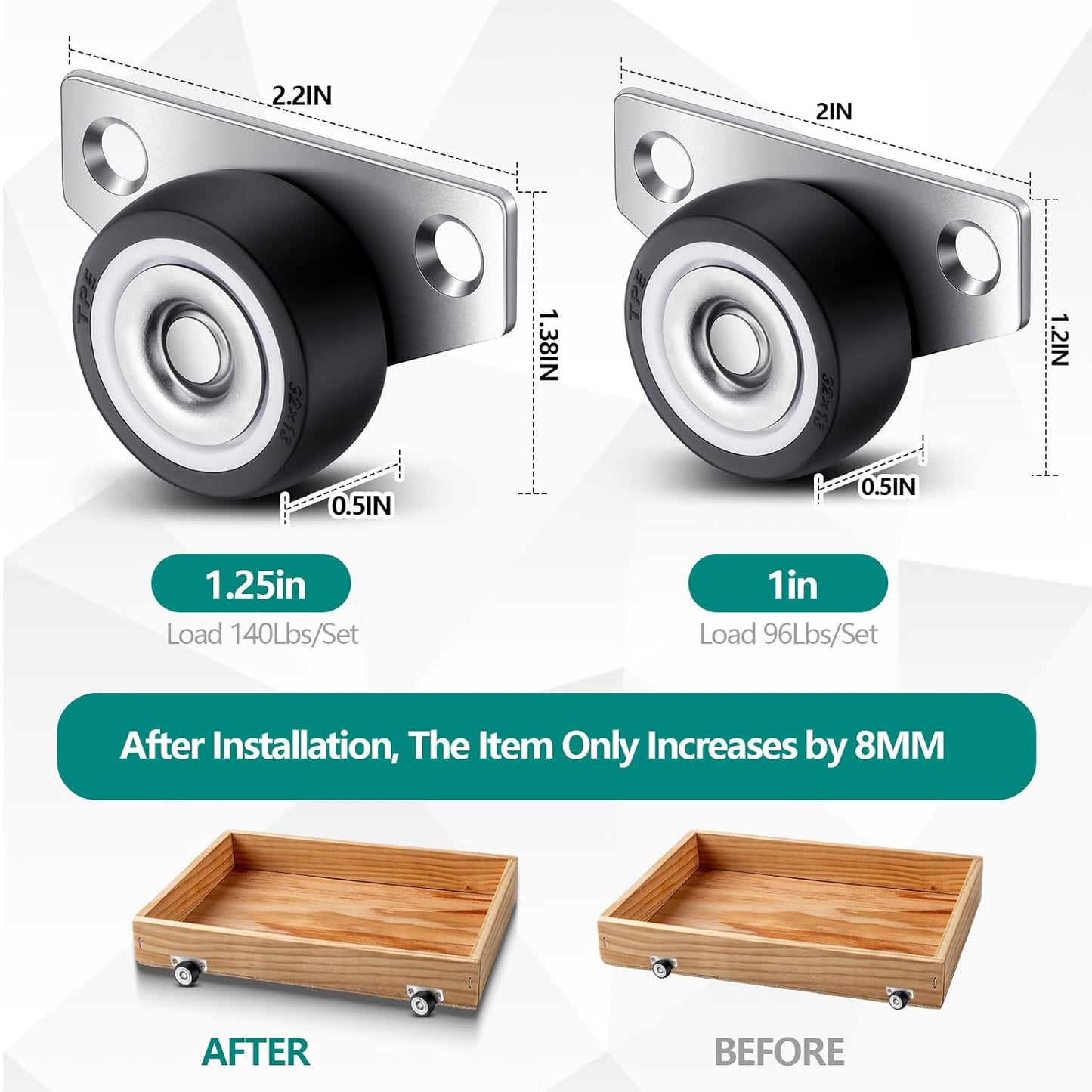 20 Set 1.25 Inch Small Side Mount Caster Wheels Little Drawer Rollers Mini Low Profile Casters Non Swivel Rigid Casters Wheels with Screws for Drawers, Wooden Furniture, Trays, DIY Project