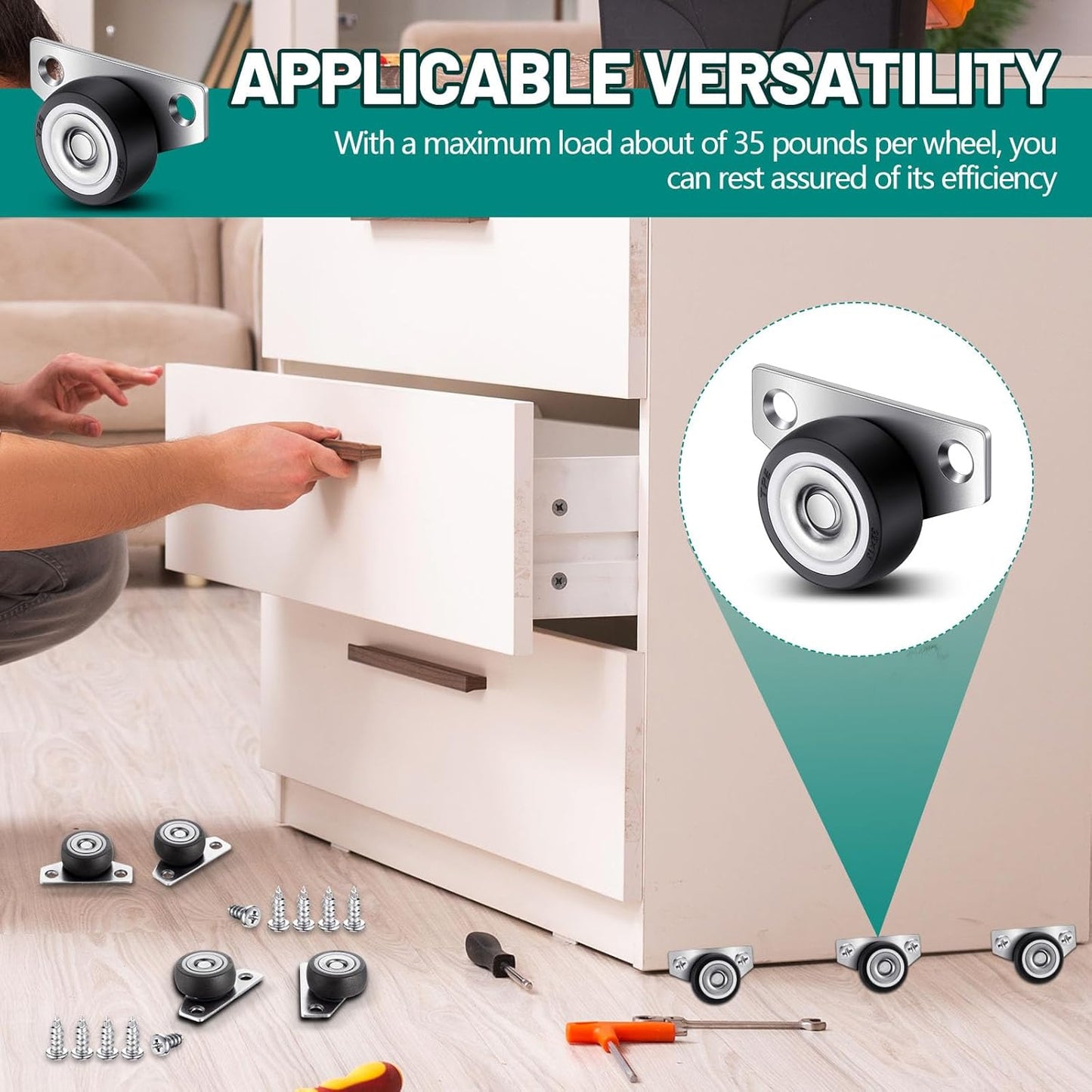 20 Set 1.25 Inch Small Side Mount Caster Wheels Little Drawer Rollers Mini Low Profile Casters Non Swivel Rigid Casters Wheels with Screws for Drawers, Wooden Furniture, Trays, DIY Project