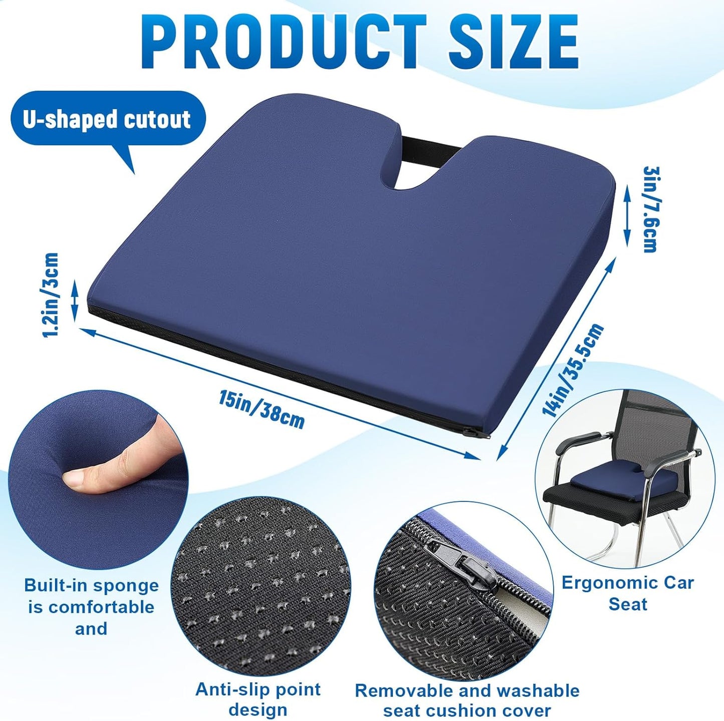 2 Pcs Wedge Seat Cushion for Coccyx 15" Gradual Slope Sciatica Tailbone Cushion with Washable Cover Soft Foam Pad for Pain Relief Driving Office Chairs Recliner Wheelchair, Blue
