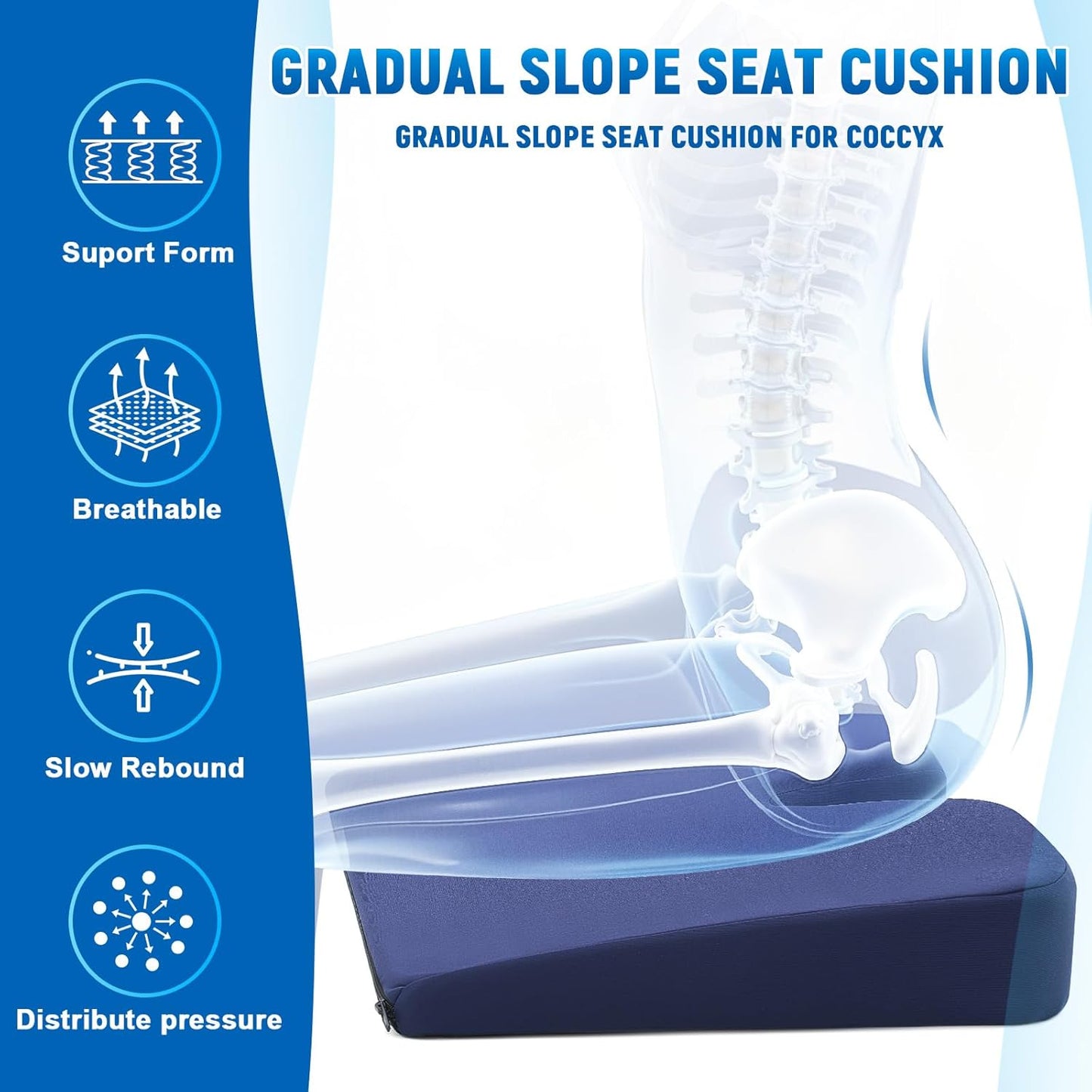 2 Pcs Wedge Seat Cushion for Coccyx 15" Gradual Slope Sciatica Tailbone Cushion with Washable Cover Soft Foam Pad for Pain Relief Driving Office Chairs Recliner Wheelchair, Blue