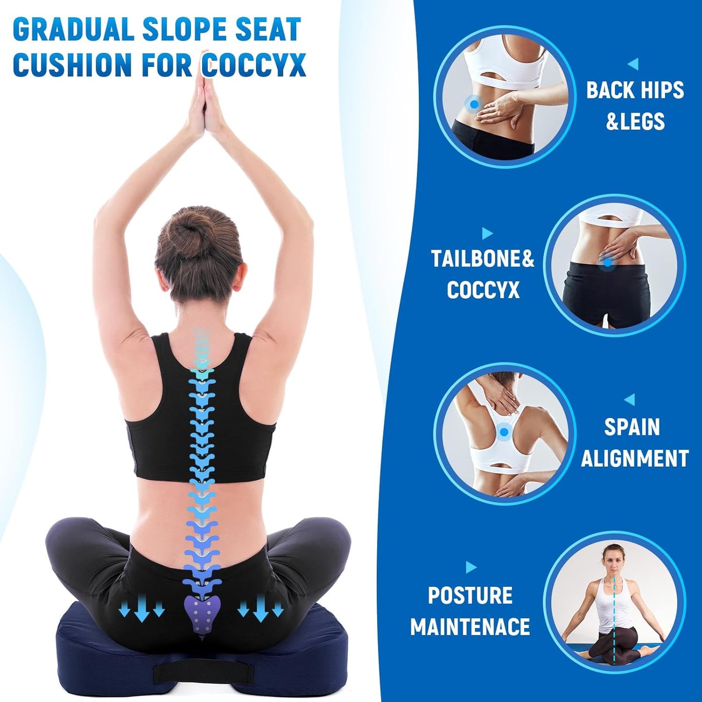 2 Pcs Wedge Seat Cushion for Coccyx 15" Gradual Slope Sciatica Tailbone Cushion with Washable Cover Soft Foam Pad for Pain Relief Driving Office Chairs Recliner Wheelchair, Blue