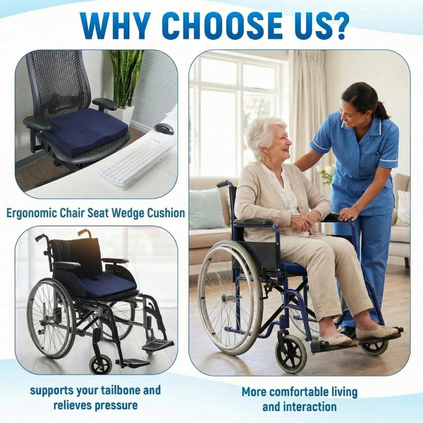 2 Pcs Wedge Seat Cushion for Coccyx 15" Gradual Slope Sciatica Tailbone Cushion with Washable Cover Soft Foam Pad for Pain Relief Driving Office Chairs Recliner Wheelchair, Blue