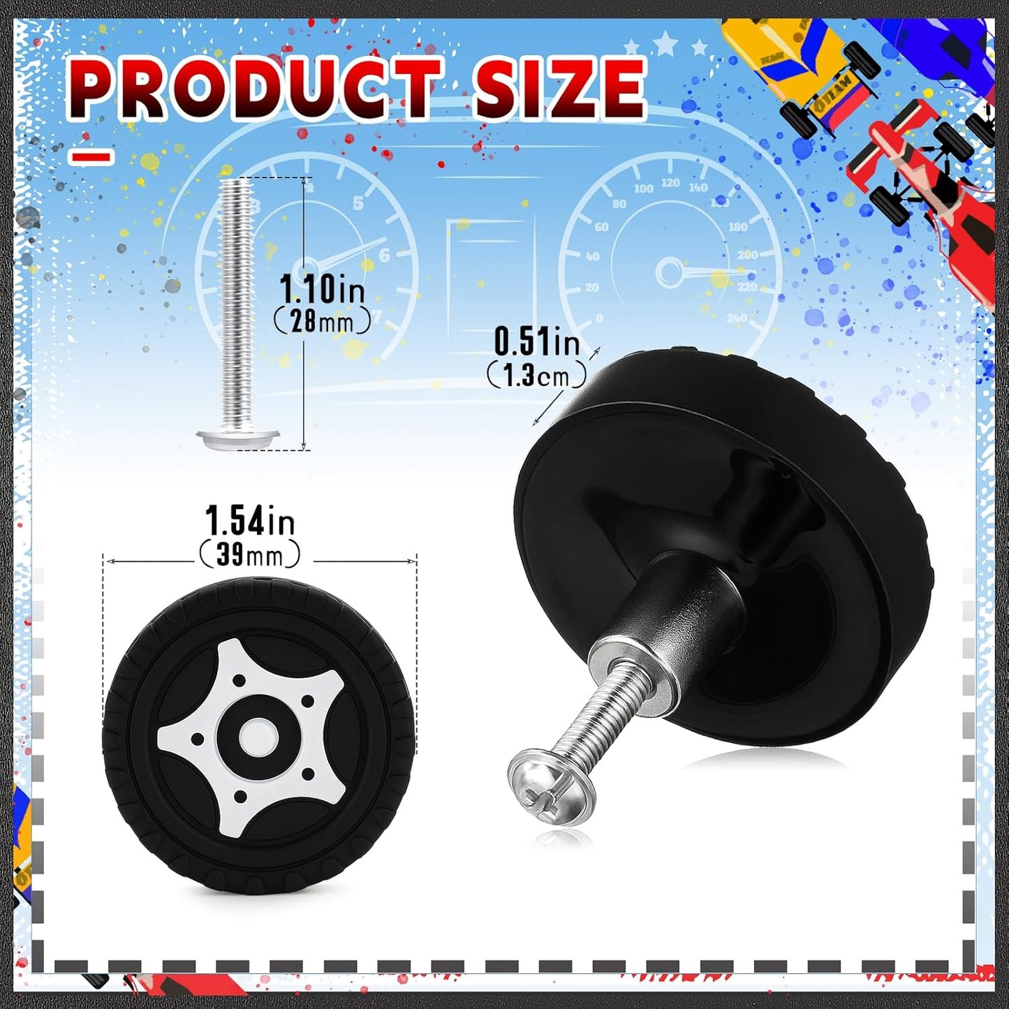 6 Pack Cabinet Knobs Race Car Wheels Drawer Pulls with 28mm Screws Black Racing Tire Decoration for Men Home Bedroom Cupboard Kitchen Decor