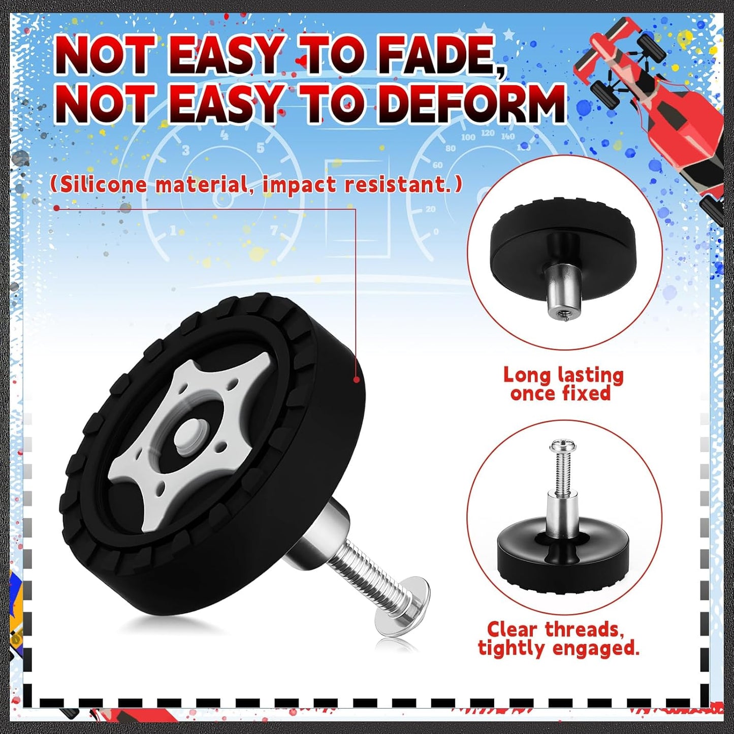 6 Pack Cabinet Knobs Race Car Wheels Drawer Pulls with 28mm Screws Black Racing Tire Decoration for Men Home Bedroom Cupboard Kitchen Decor