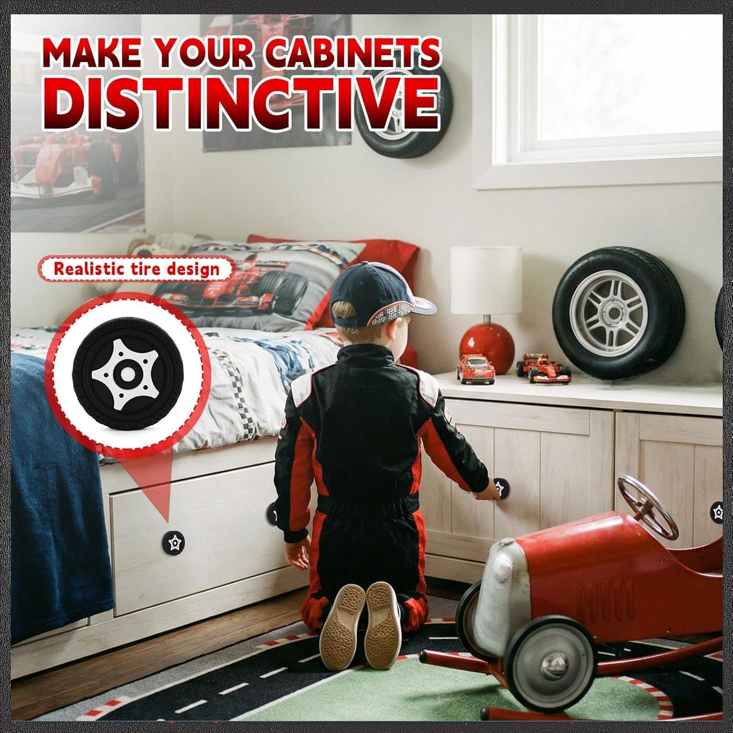 6 Pack Cabinet Knobs Race Car Wheels Drawer Pulls with 28mm Screws Black Racing Tire Decoration for Men Home Bedroom Cupboard Kitchen Decor