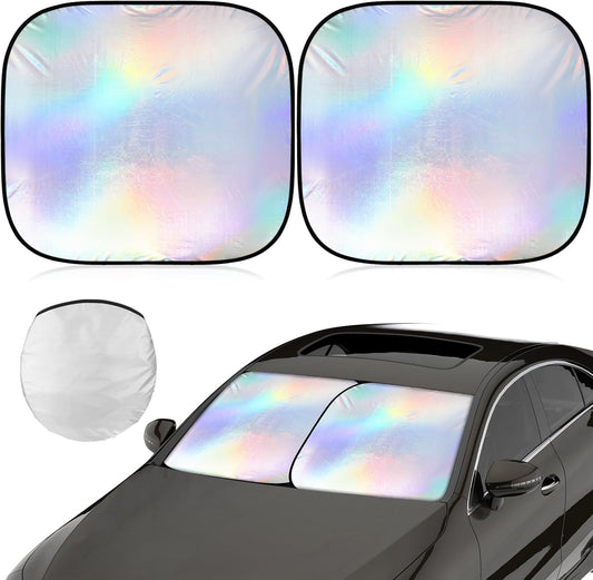 2 Pcs 31 x 28 Inch Car Windshield Sun Shade Foldable, Hologram Foil Front Windshield Shade for Car Truck SUV Van Blocks UV Rays Sun Visor Protector (Iridescent Mermaid Style)