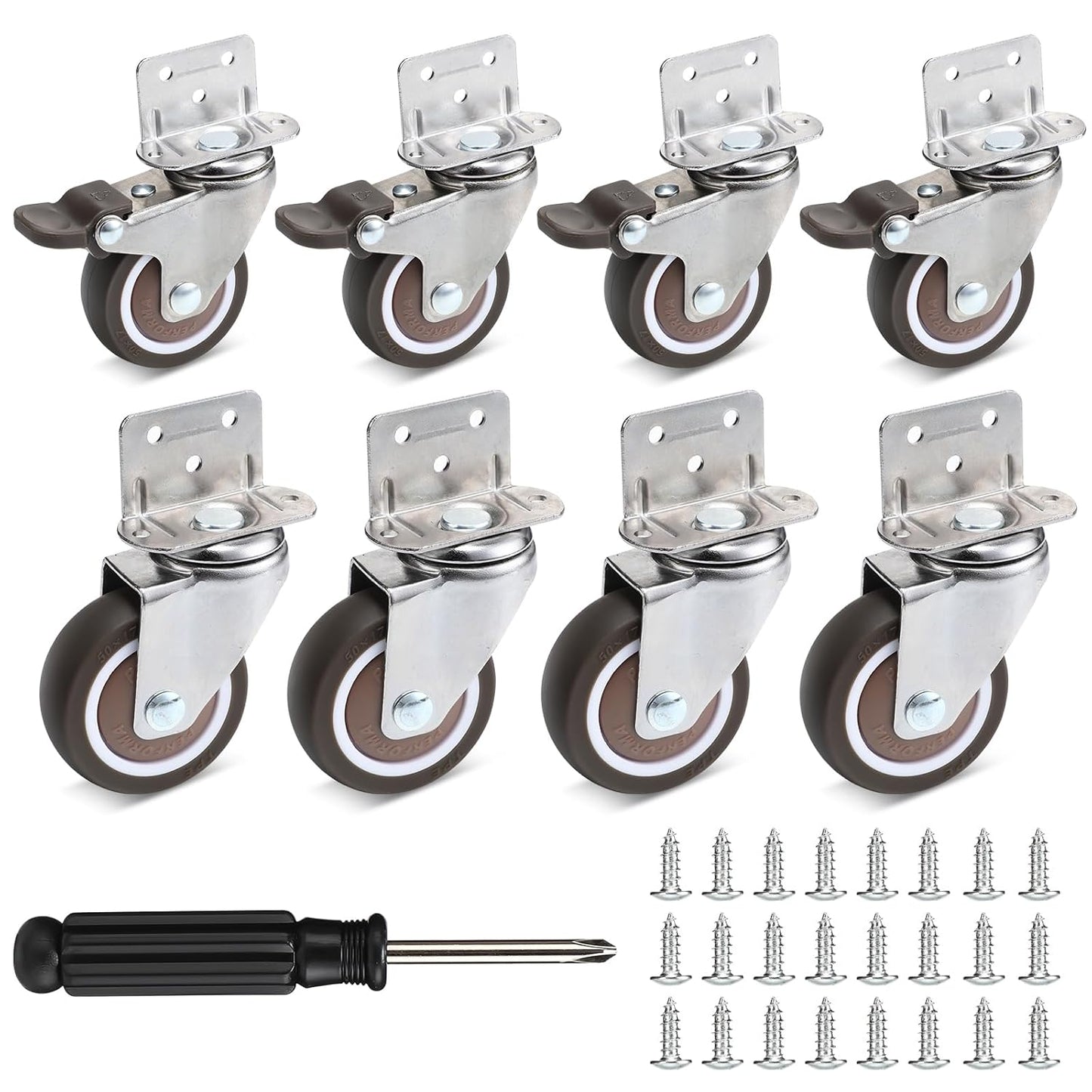 8 Pack 2 Inch L Shape Caster Wheels, Side Mount Casters with Brake Small Wheels Furniture Casters 360 Degree Swivel for Furniture, Table, Carts Trolley, Cabinet DIY Project