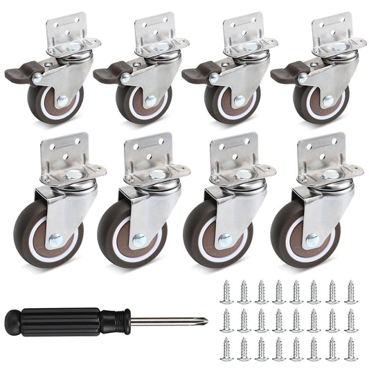 8 Pack 2 Inch L Shape Caster Wheels, Side Mount Casters with Brake Small Wheels Furniture Casters 360 Degree Swivel for Furniture, Table, Carts Trolley, Cabinet DIY Project