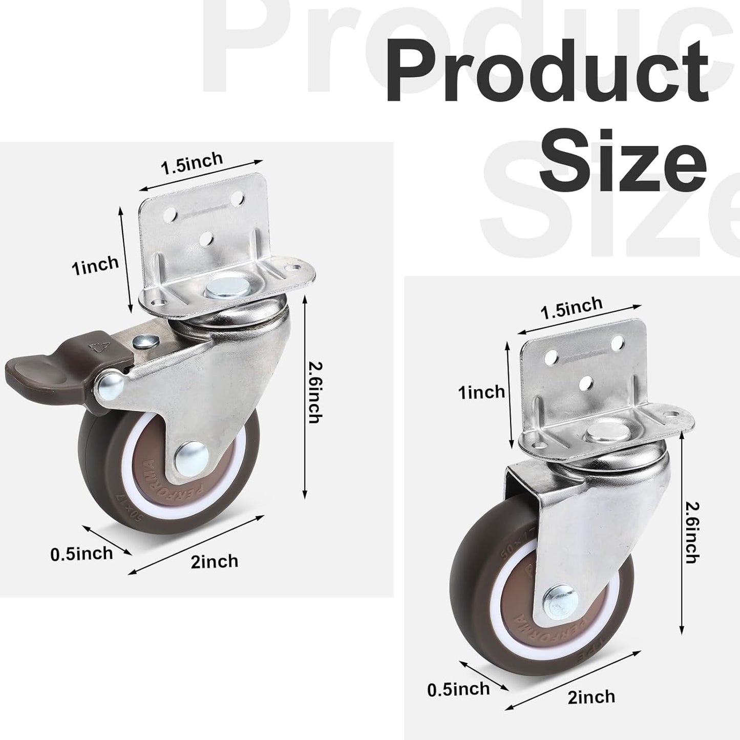 8 Pack 2 Inch L Shape Caster Wheels, Side Mount Casters with Brake Small Wheels Furniture Casters 360 Degree Swivel for Furniture, Table, Carts Trolley, Cabinet DIY Project