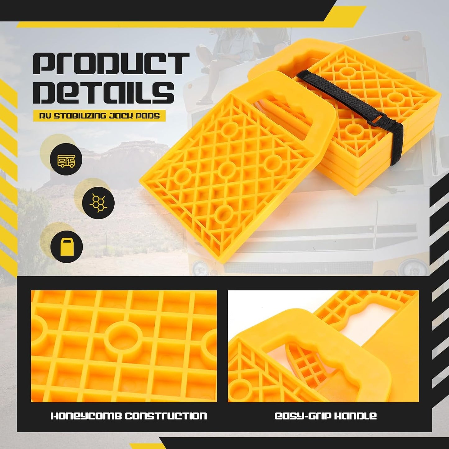 8 Pieces RV Stabilizing Jack Pads Camper Jack Pads RV Leveling Blocks with Handle Camper Stabilizer Blocks for Travel Trailer Easy Storage and Organization(Yellow)