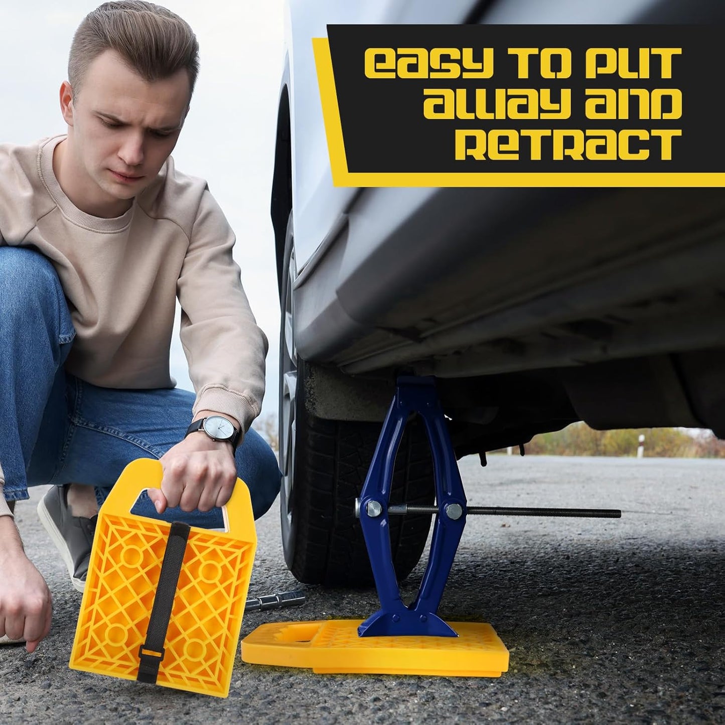 8 Pieces RV Stabilizing Jack Pads Camper Jack Pads RV Leveling Blocks with Handle Camper Stabilizer Blocks for Travel Trailer Easy Storage and Organization(Yellow)