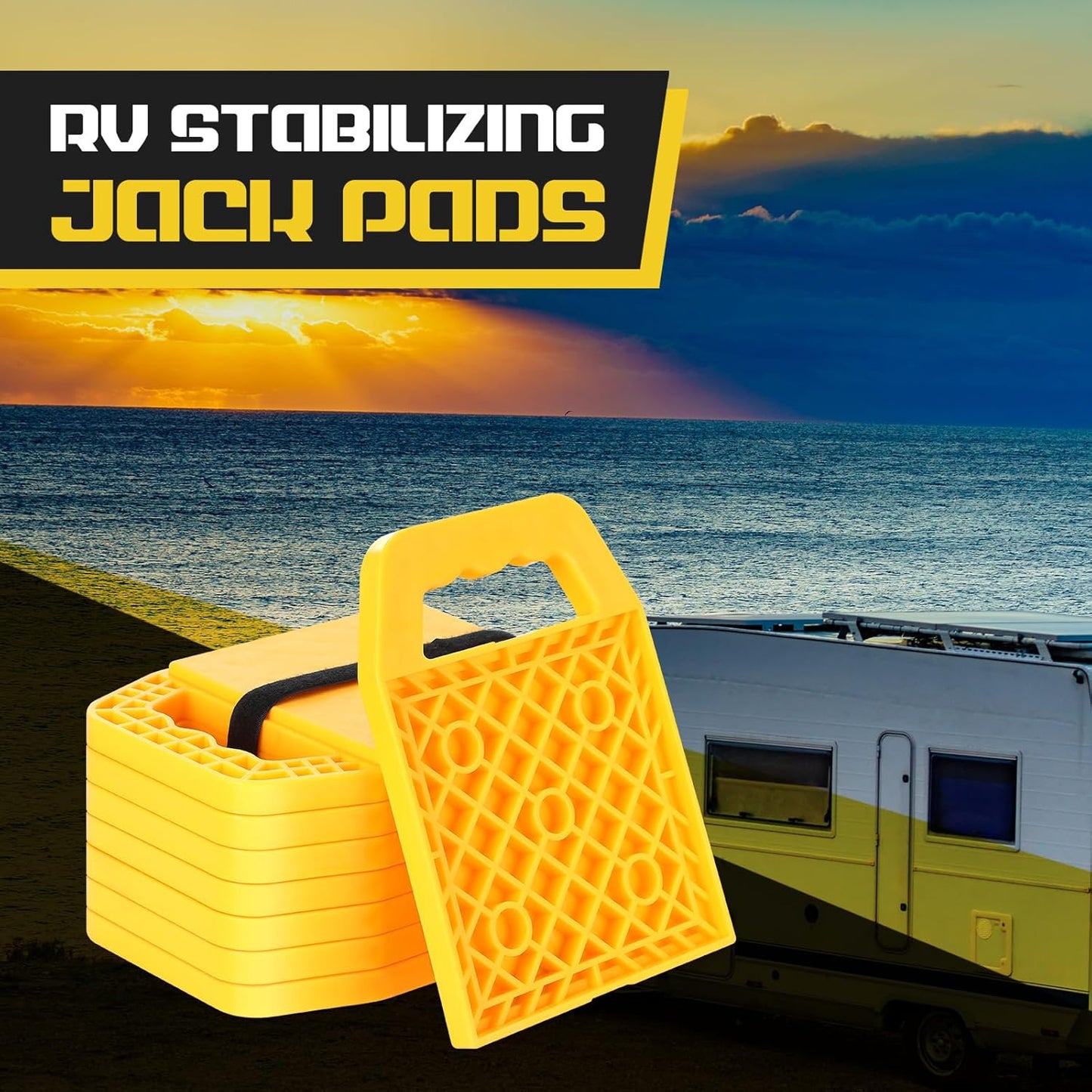 8 Pieces RV Stabilizing Jack Pads Camper Jack Pads RV Leveling Blocks with Handle Camper Stabilizer Blocks for Travel Trailer Easy Storage and Organization(Yellow)