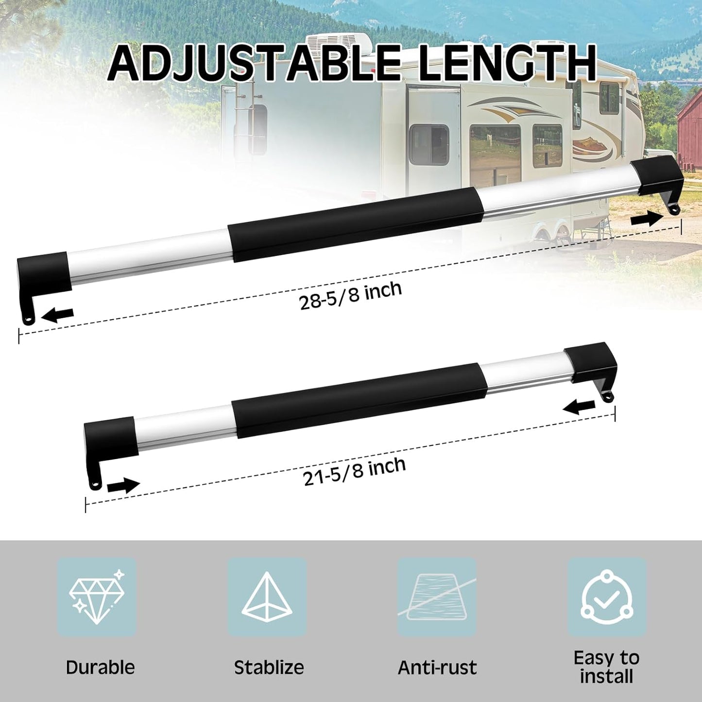 2 Pcs RV Screen Door Handle Cross Bar, Adjustable Camper Door Grab Bar 21-5/8 to 28-5/8 with Non Slip Grip Aluminum Support Handle for Trailer, Motorhome, Truck, Camping, Travel RV Accessories