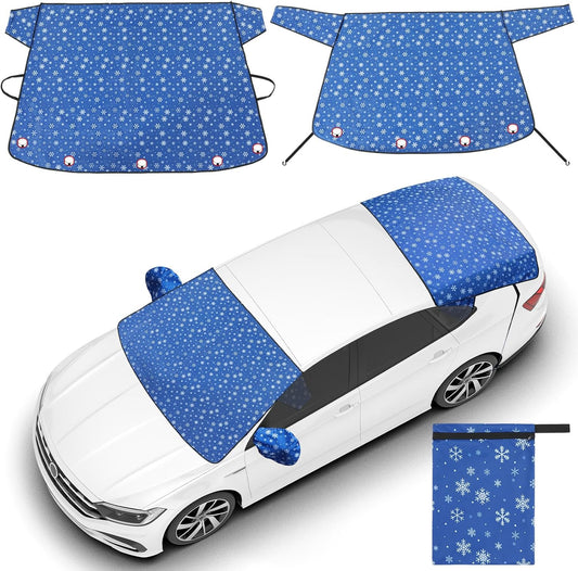 2 Pcs Windshield Cover for Ice and Snow Set Blue Snowflake Heavy Duty 600d Oxford Fabric Car Winter Accessories Front&Rear Protection with Magnetic Edges Wing Mirror Covers for Car Truck SUV