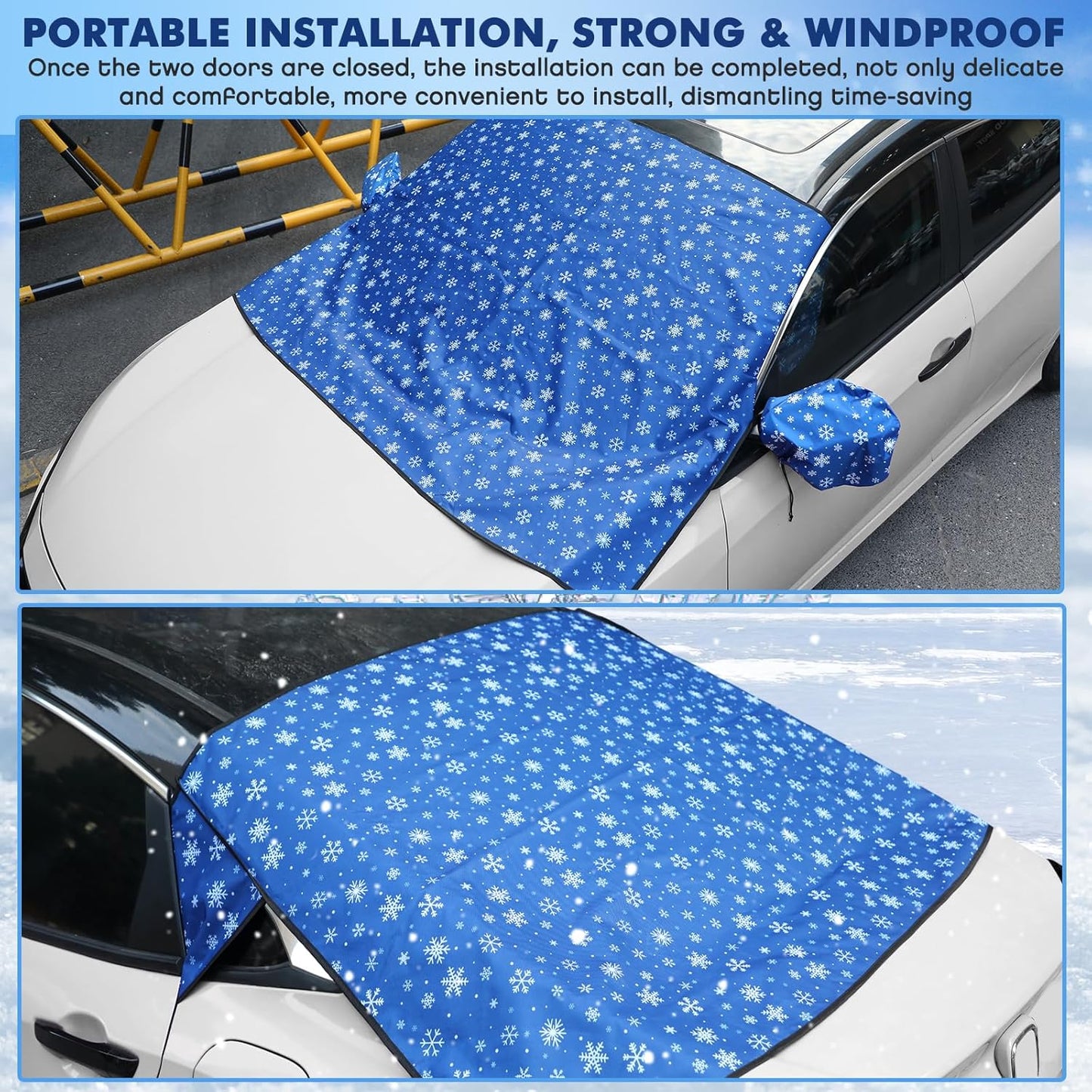 2 Pcs Windshield Cover for Ice and Snow Set Blue Snowflake Heavy Duty 600d Oxford Fabric Car Winter Accessories Front&Rear Protection with Magnetic Edges Wing Mirror Covers for Car Truck SUV