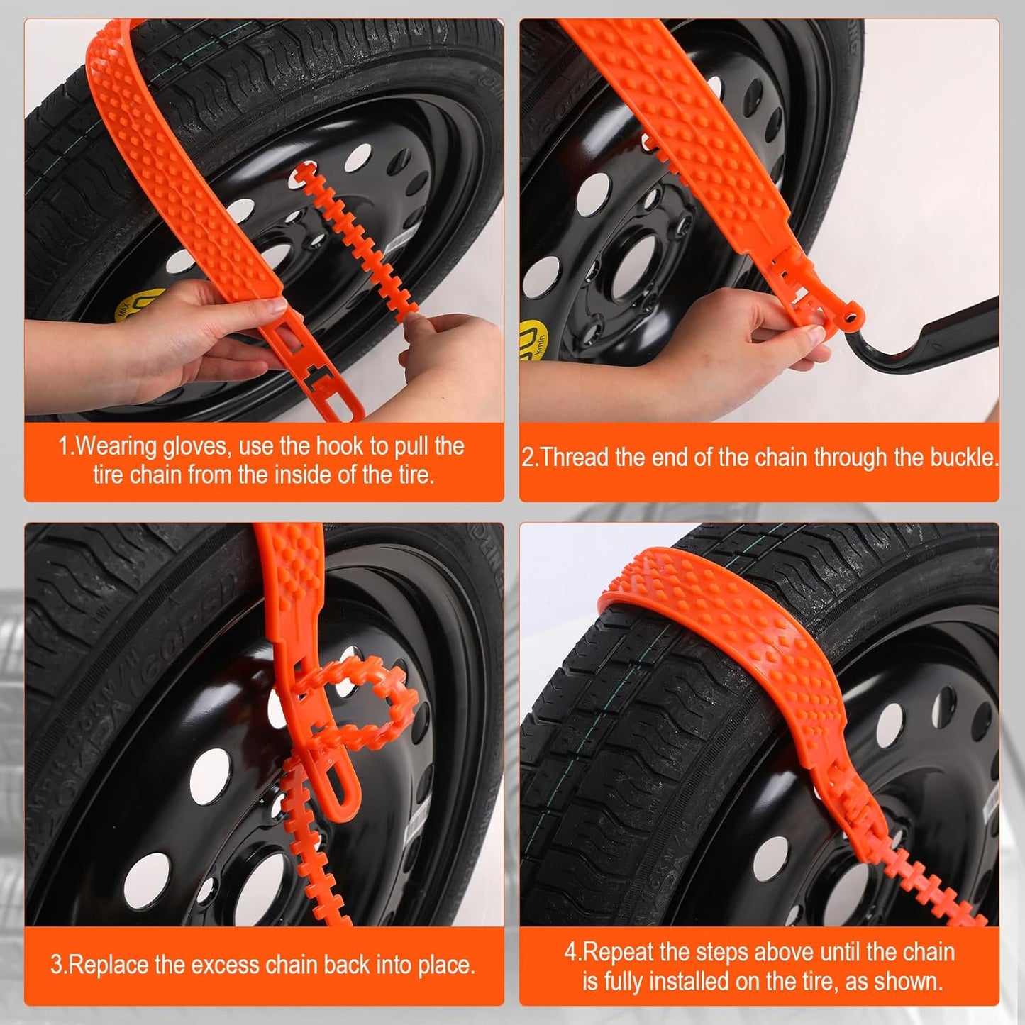 12 Pcs Heavy Duty Anti Skid Snow Tire Chains, Nylon Winter Snow Tracks with 2 Gloves and 1 Hook, Universal Emergency Car Tire Grip Straps Reusable Non Slip Zip Tie Tires Chain for Cars Truck